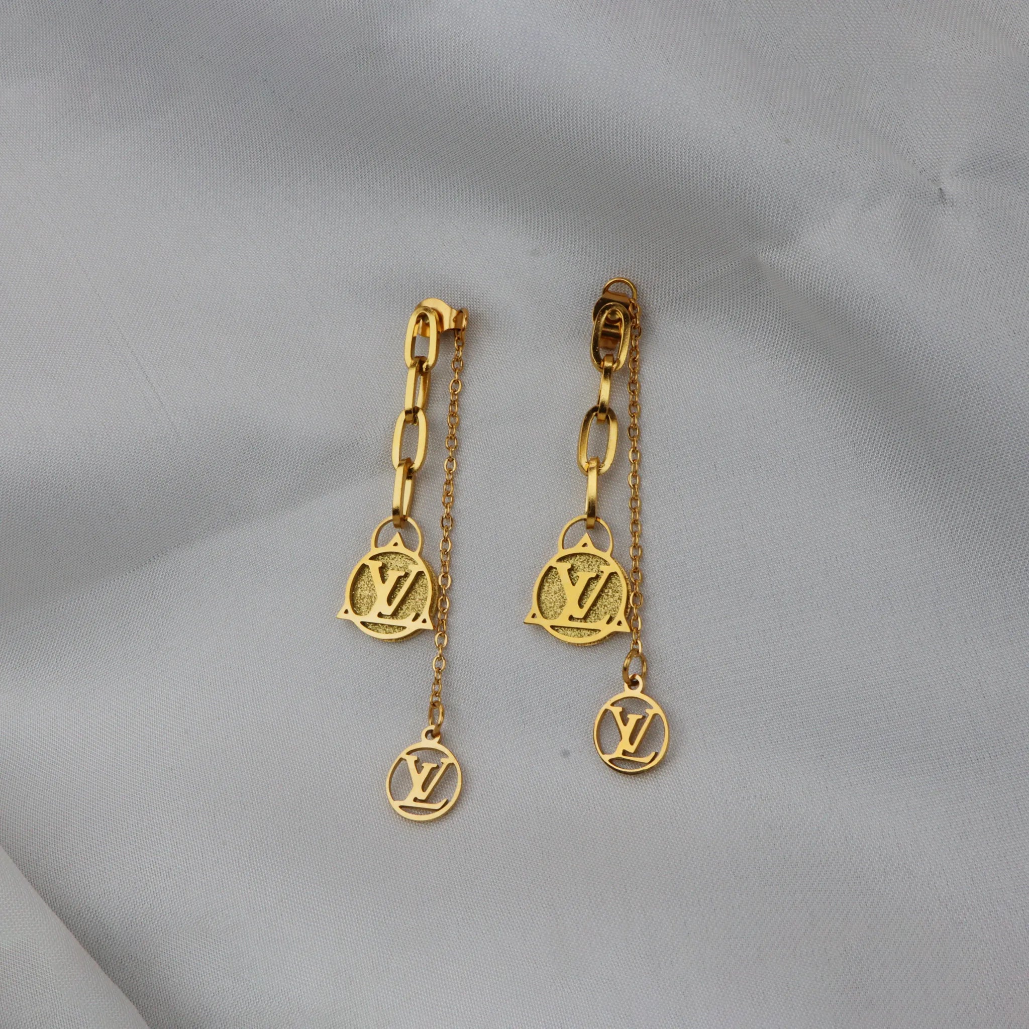Gold Monogram Chain Drop Earrings