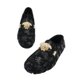Men's Black Velvet Loafers with Gold Detailing