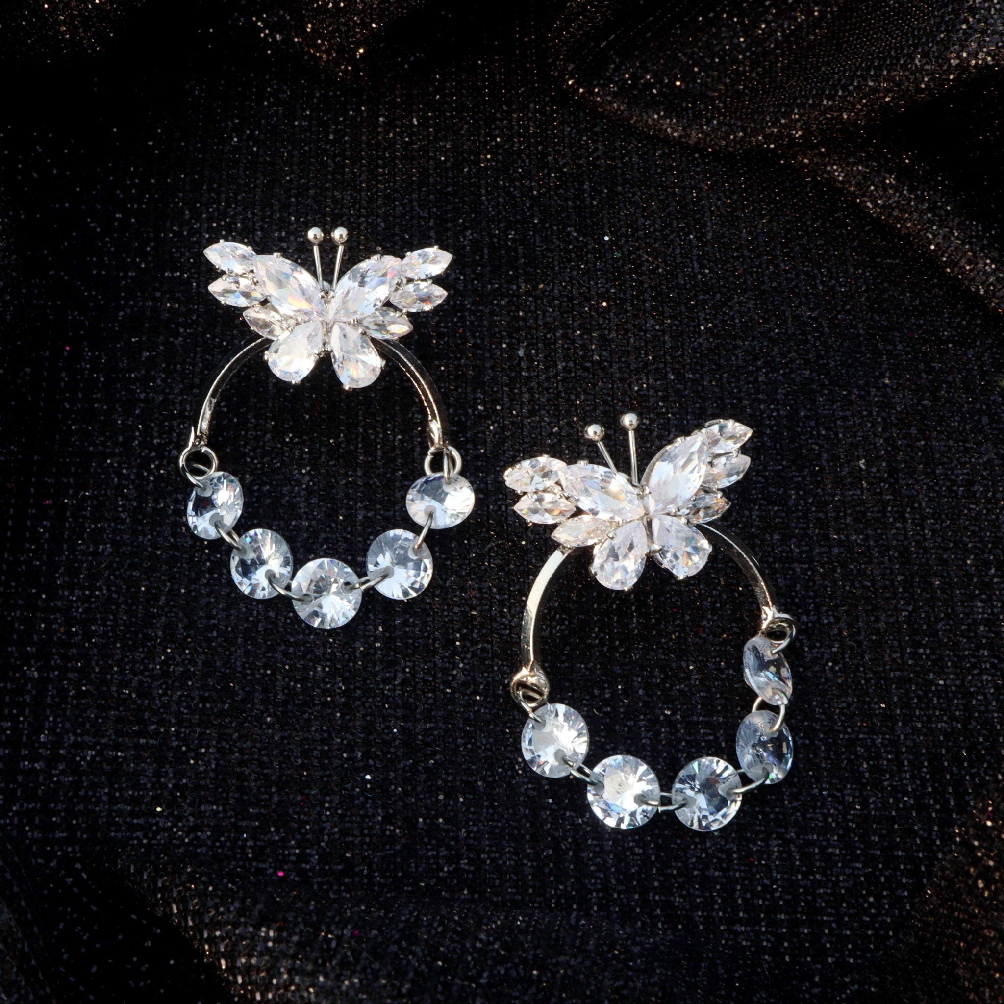 Silver Crystal Butterfly Hoop Earrings