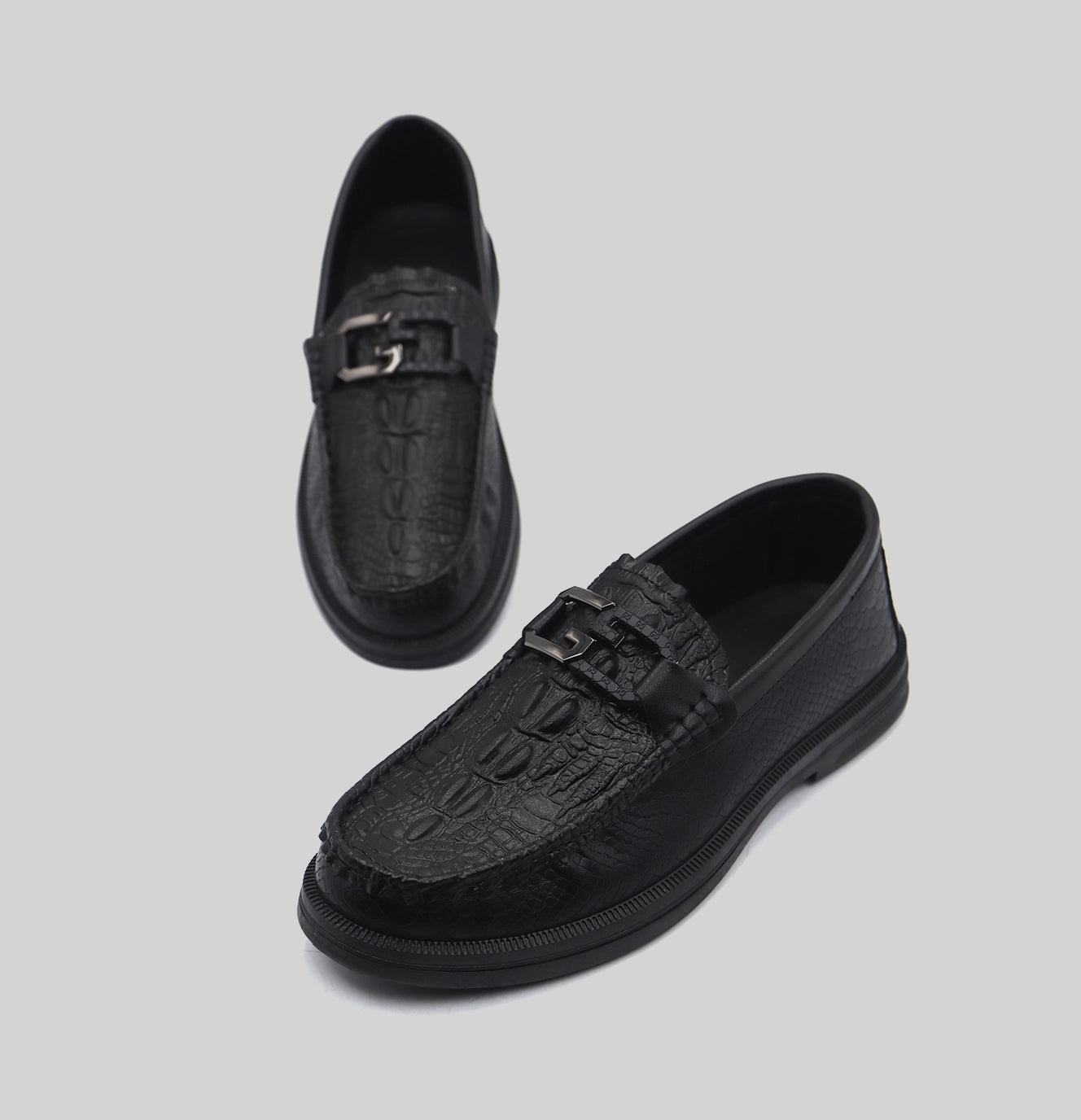 Men's Black Crocodile Pattern Loafers with Metal Buckle