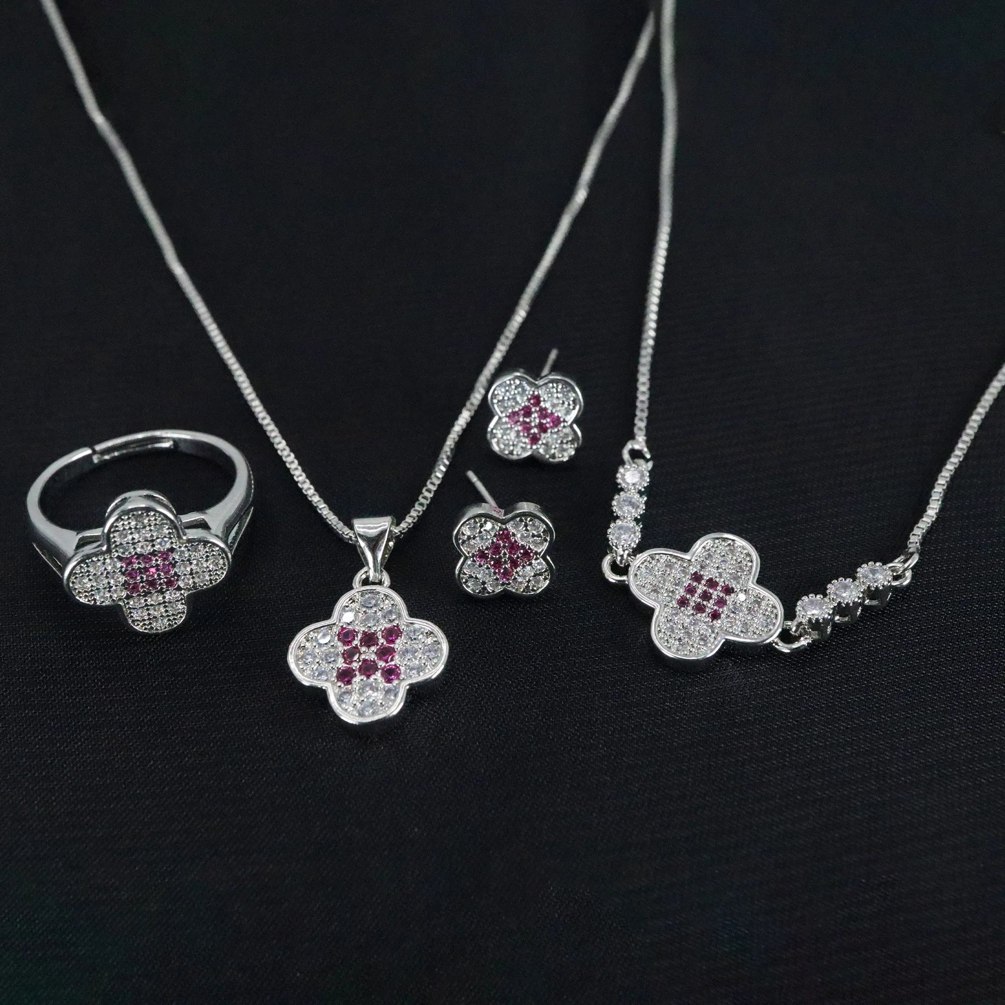 Elegant Silver and Pink Flower Jewelry Set