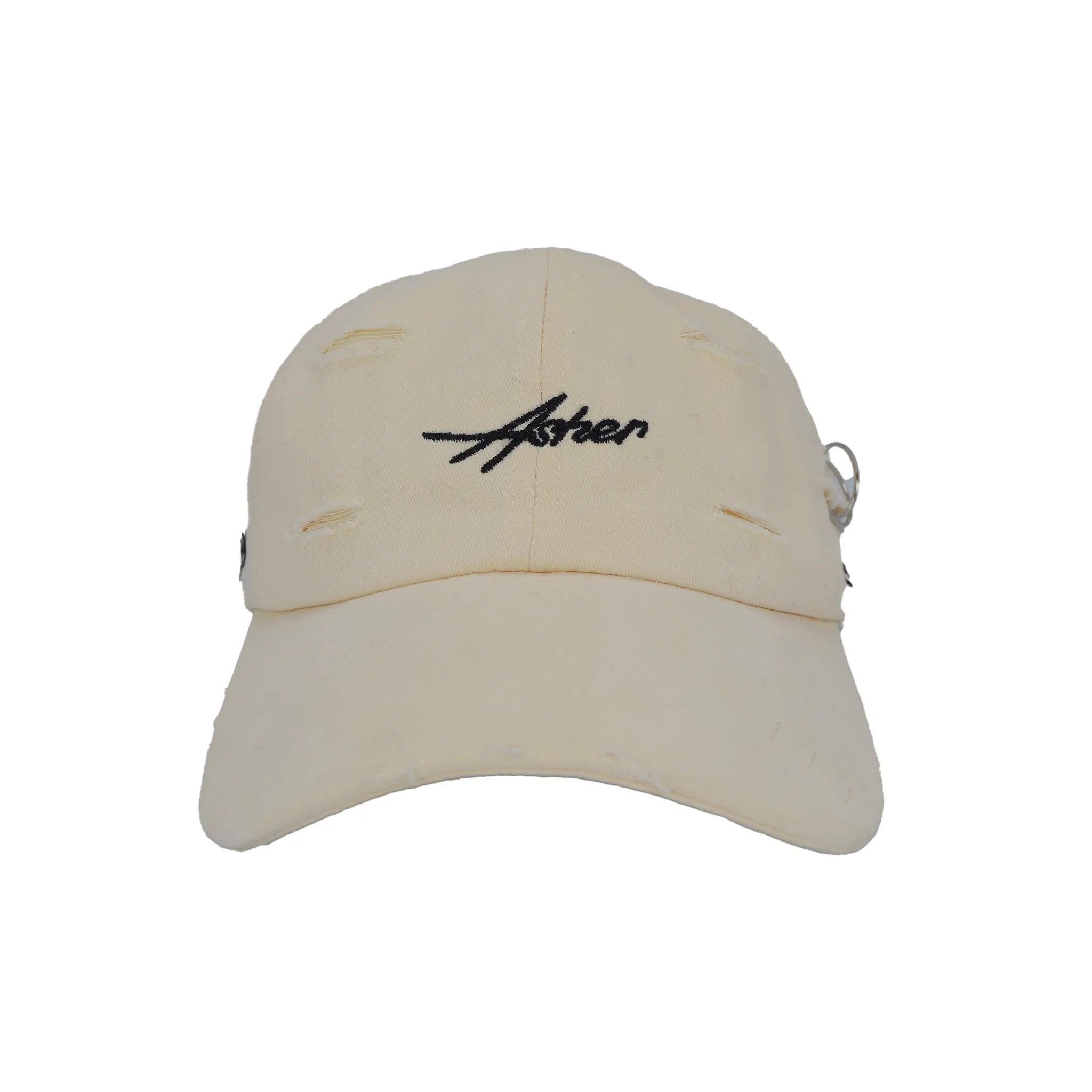 Distressed Cream Embroidered Cap with Ring Accents
