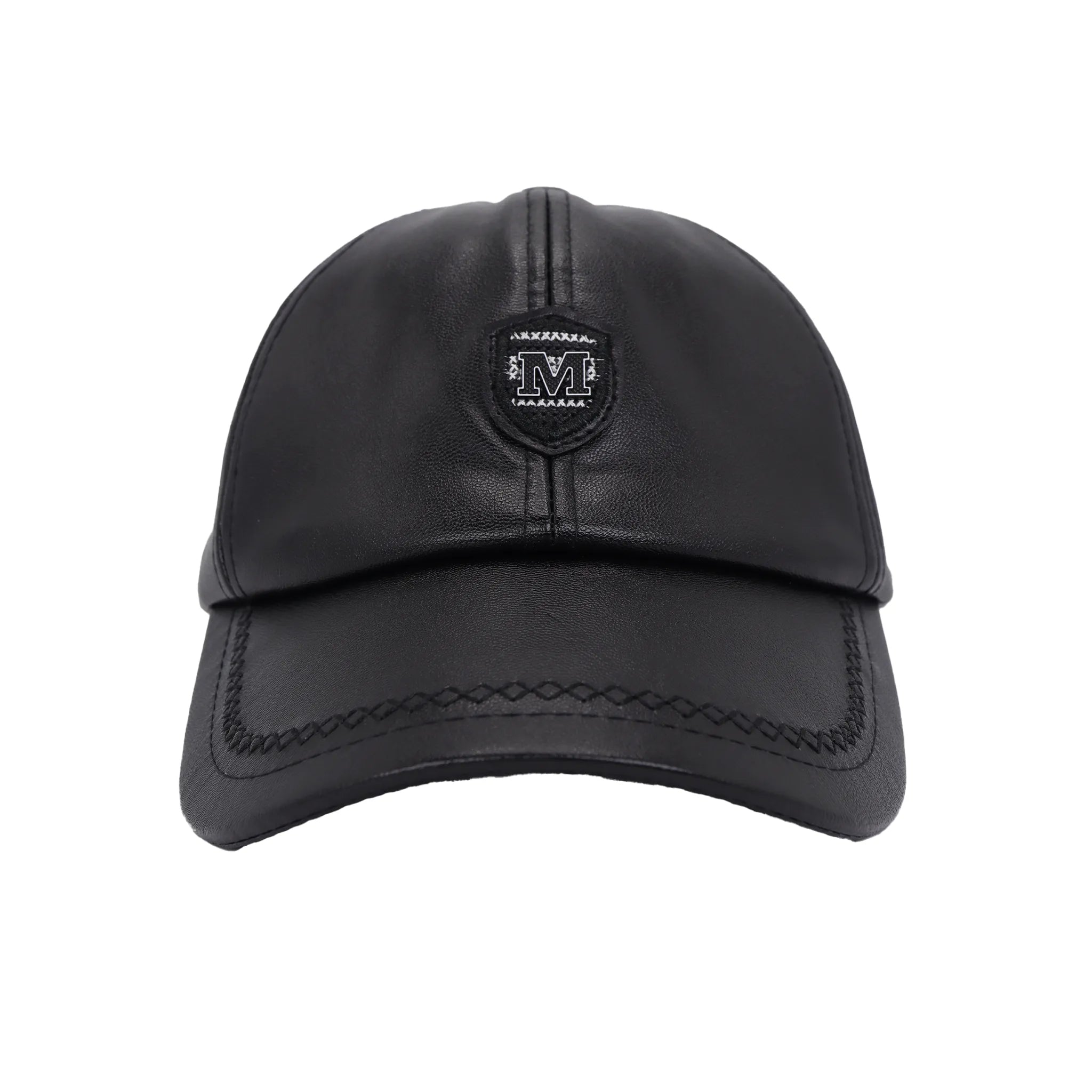 Black Leather Baseball Cap with Signature Badge