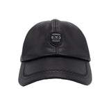 Black Leather Baseball Cap with Signature Badge
