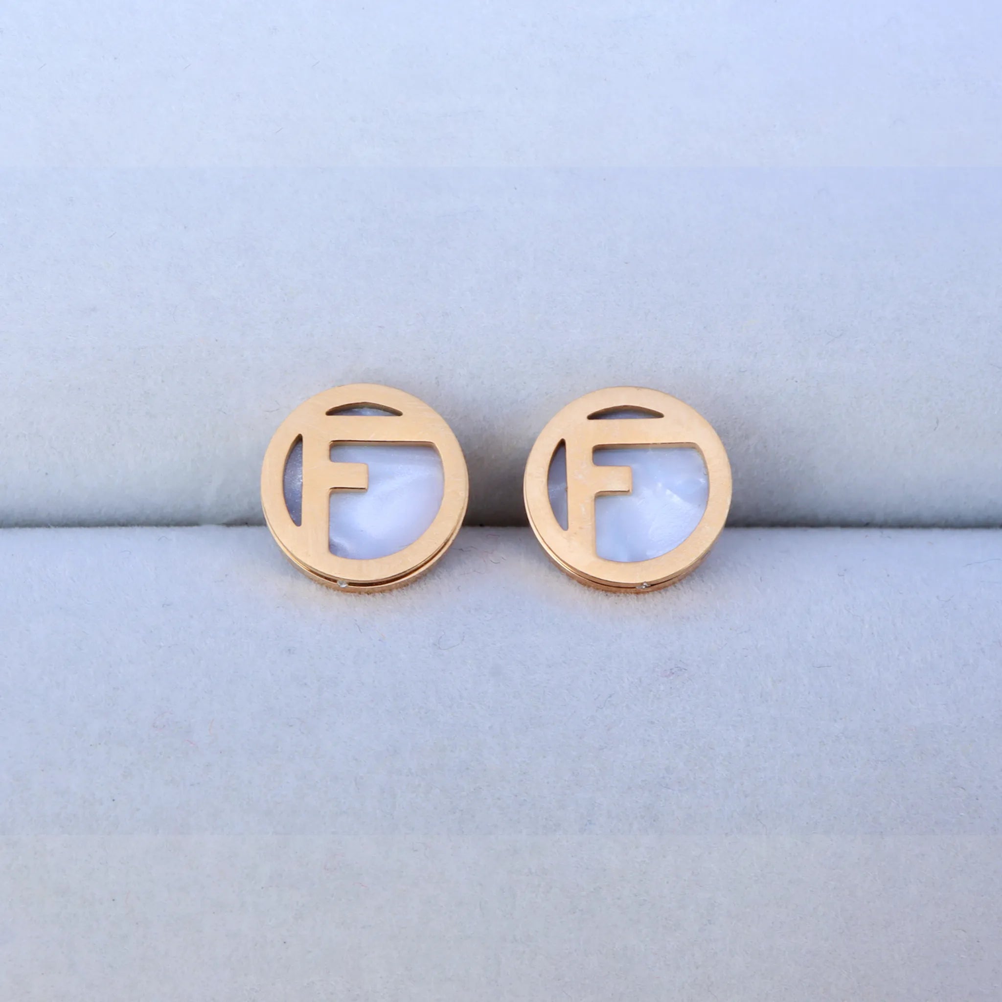 Gold and Mother-of-Pearl Circular Logo Stud Earrings