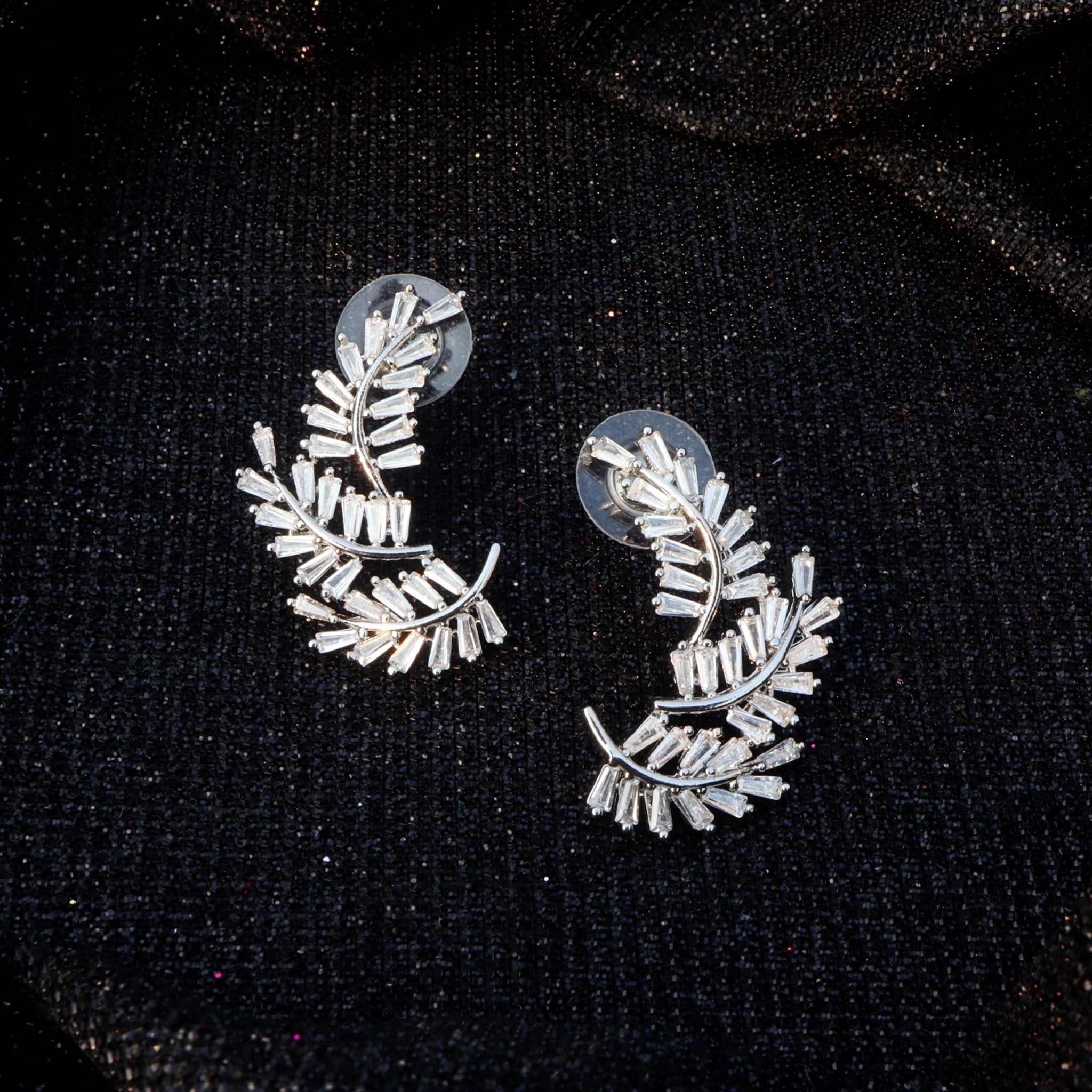 Silver Crystal Leaf Ear Climbers