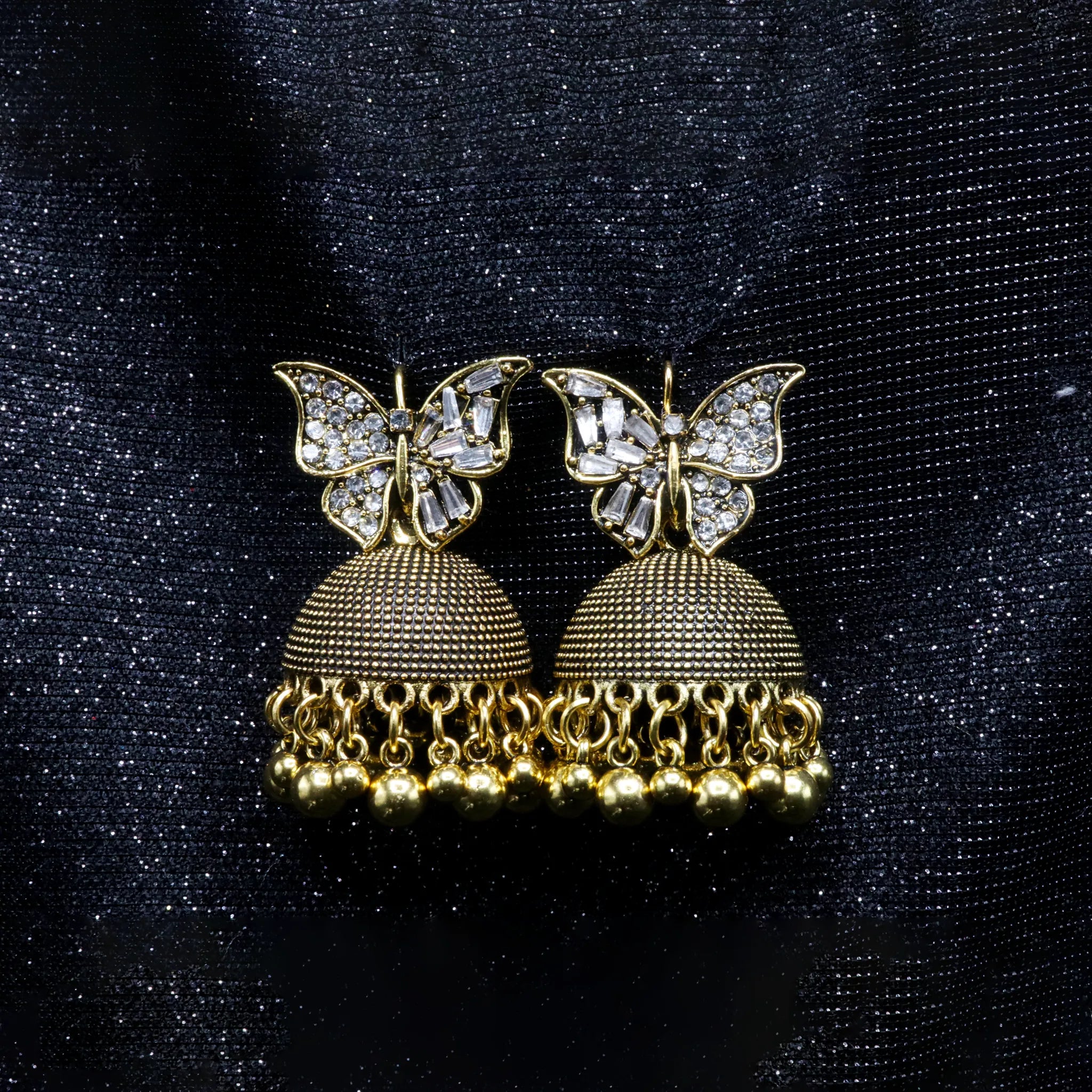 Gold Butterfly Jhumka Earrings with Crystal