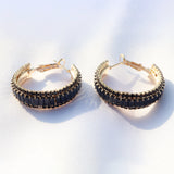 Elegant Gold Hoop Earrings with Black Rectangular Stones