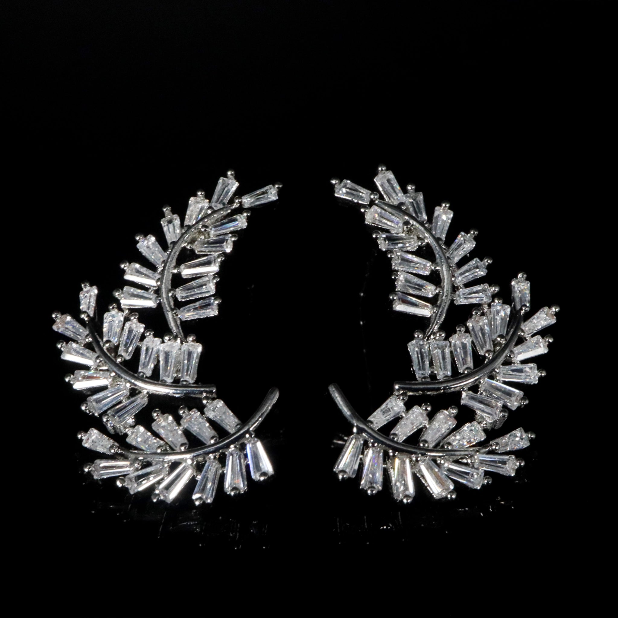 Silver Crystal Leaf Ear Climbers