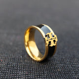 Gold-Plated Black Enamel Ring with Decorative Emblem