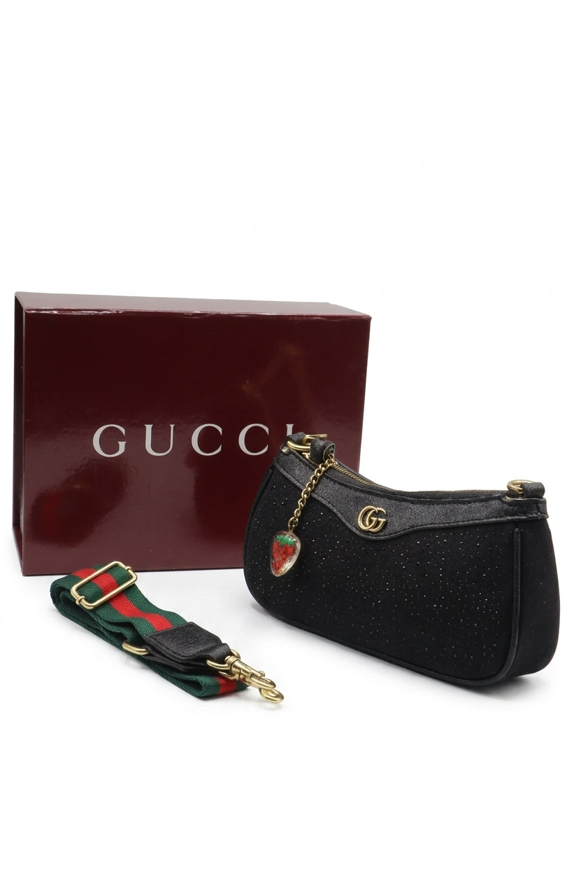 Gucci Black Shimmer Suede Mini Bag with Web Strap & Strawberry Charm