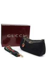 Gucci Black Shimmer Suede Mini Bag with Web Strap & Strawberry Charm