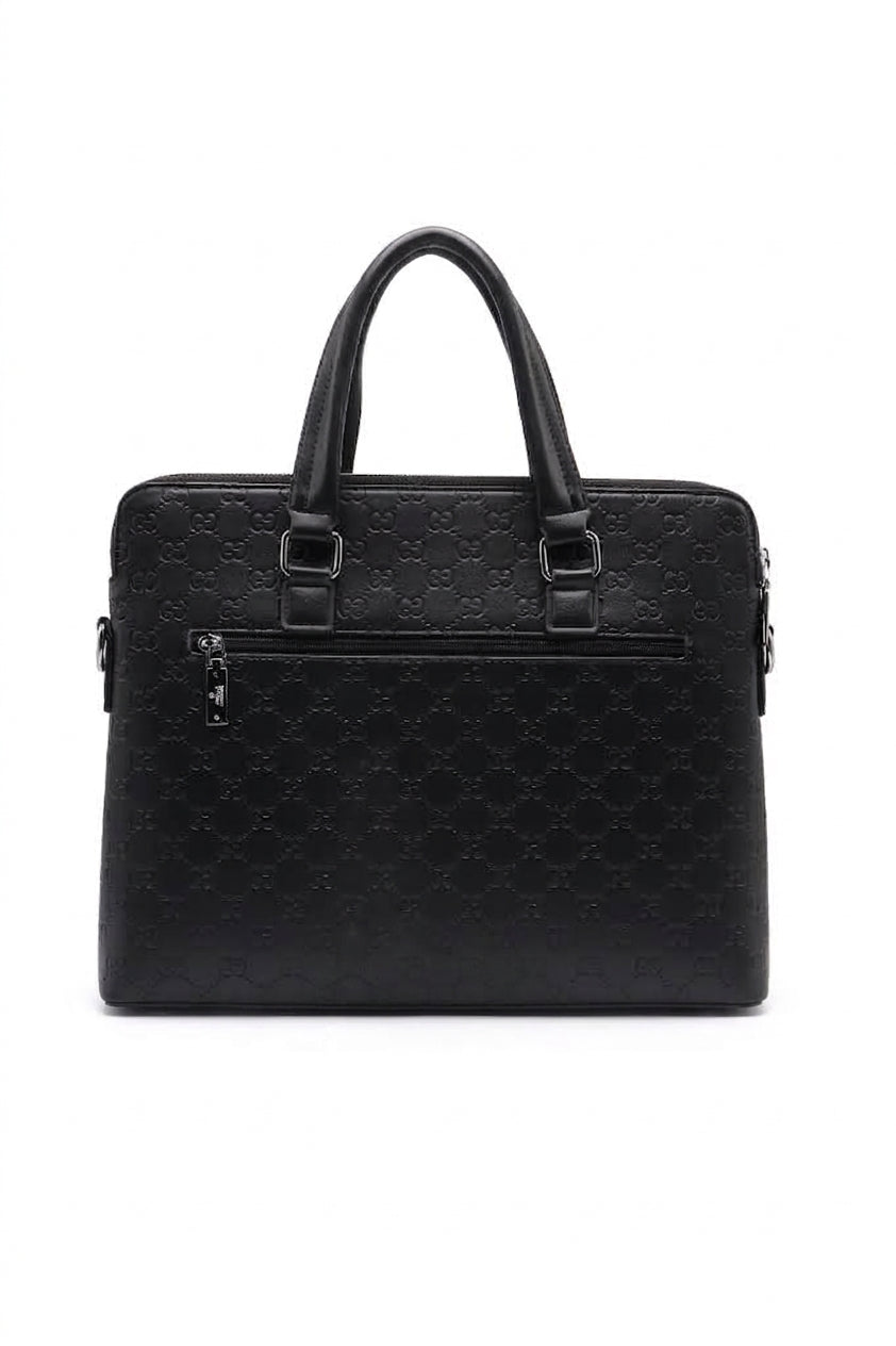 Gucci Signature Embossed Leather Briefcase Laptop Bag | Black & Silver