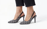 Gucci Style Monogram Pointed-Toe Slingback Heels|Women's Grey Canvas Stiletto Pumps