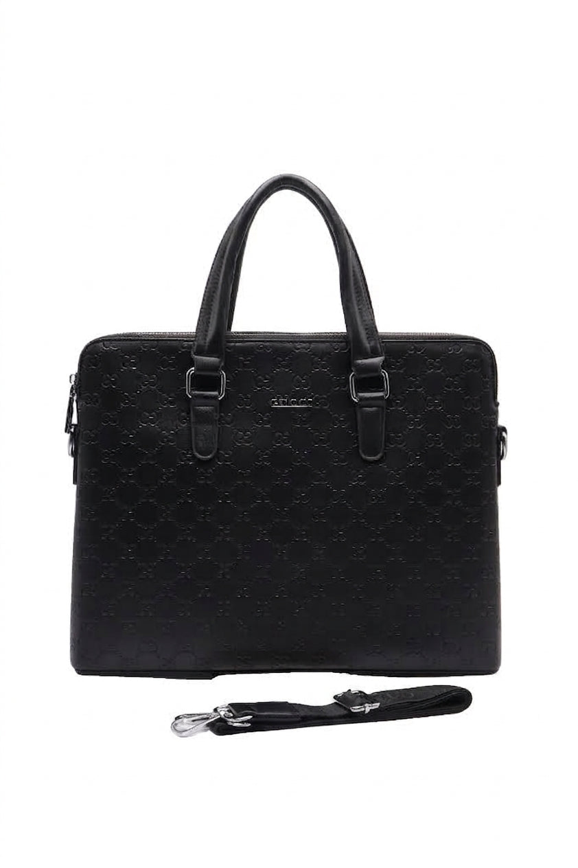 Gucci Signature Embossed Leather Briefcase Laptop Bag | Black & Silver