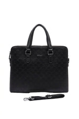 Gucci Signature Embossed Leather Briefcase Laptop Bag | Black & Silver