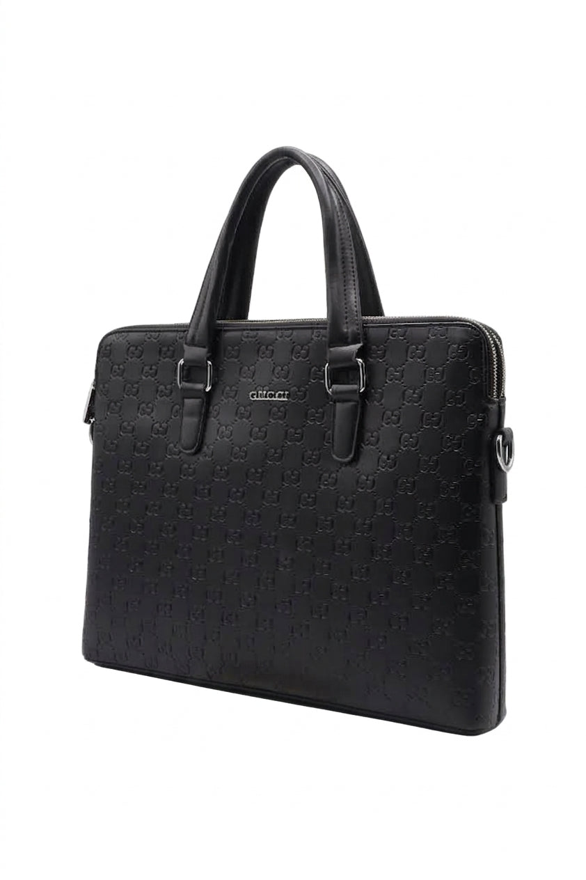 Gucci Signature Embossed Leather Briefcase Laptop Bag | Black & Silver