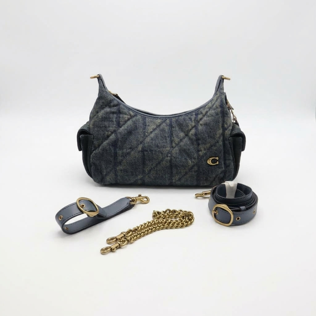 Coach Quilted Denim Cargo Hobo Bag | Washed Black & Charcoal