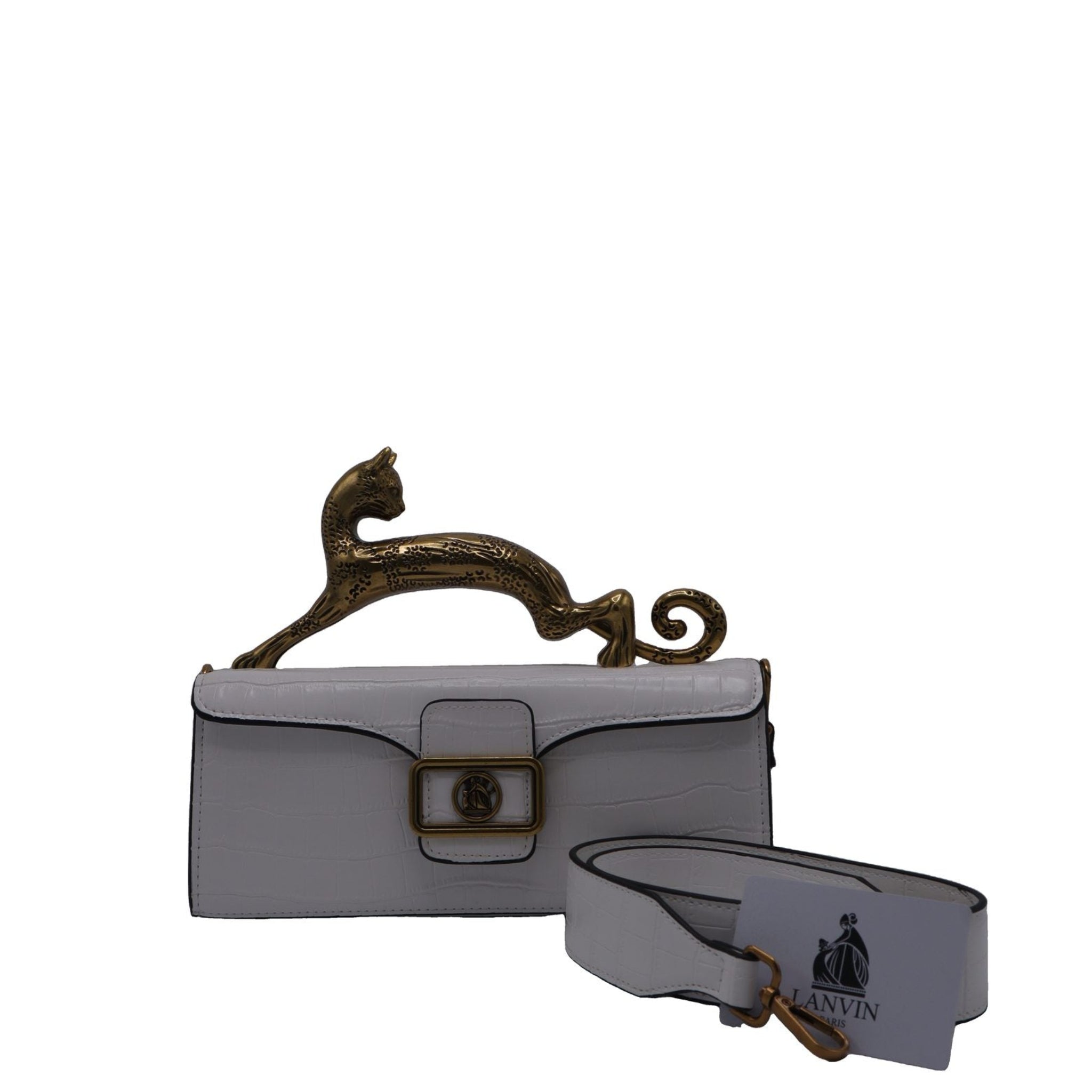 Lanvin Pencil Cat Bag | White Croc Leather & Gold Cat Handle