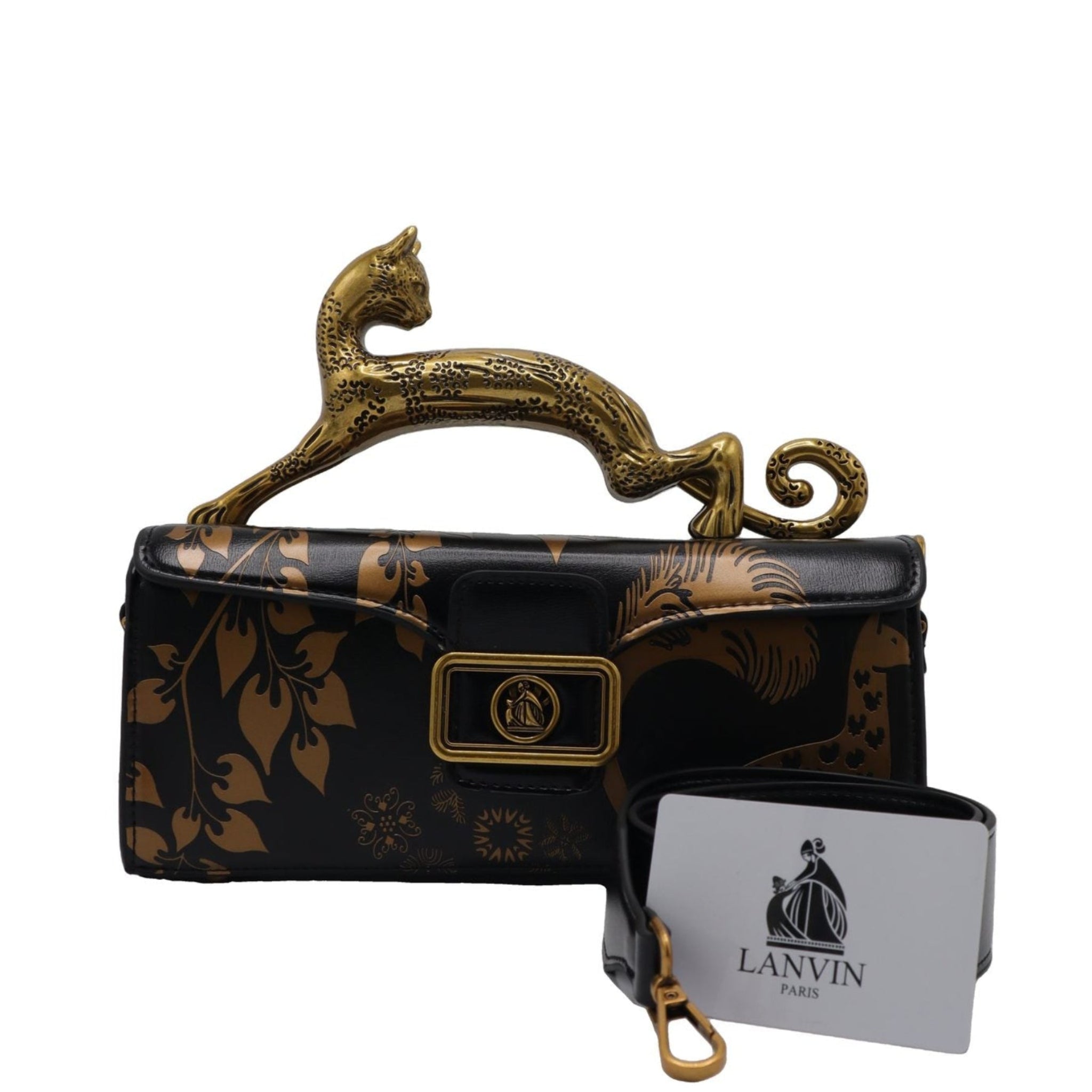 Lanvin Pencil Cat Bag | Black & Gold Printed Leather Cat Handle