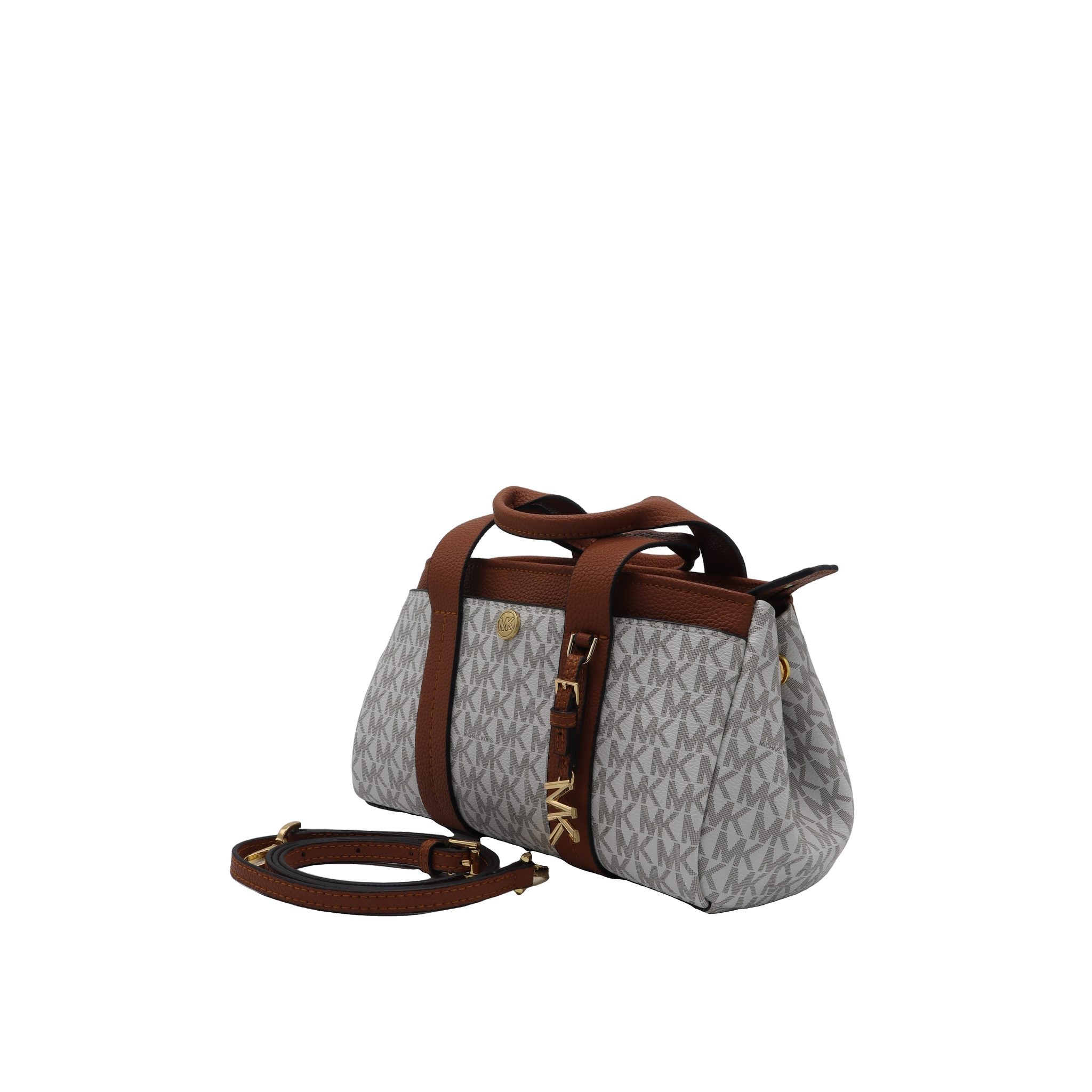 Michael Kors Logo Satchel | White Monogram & Brown Trim