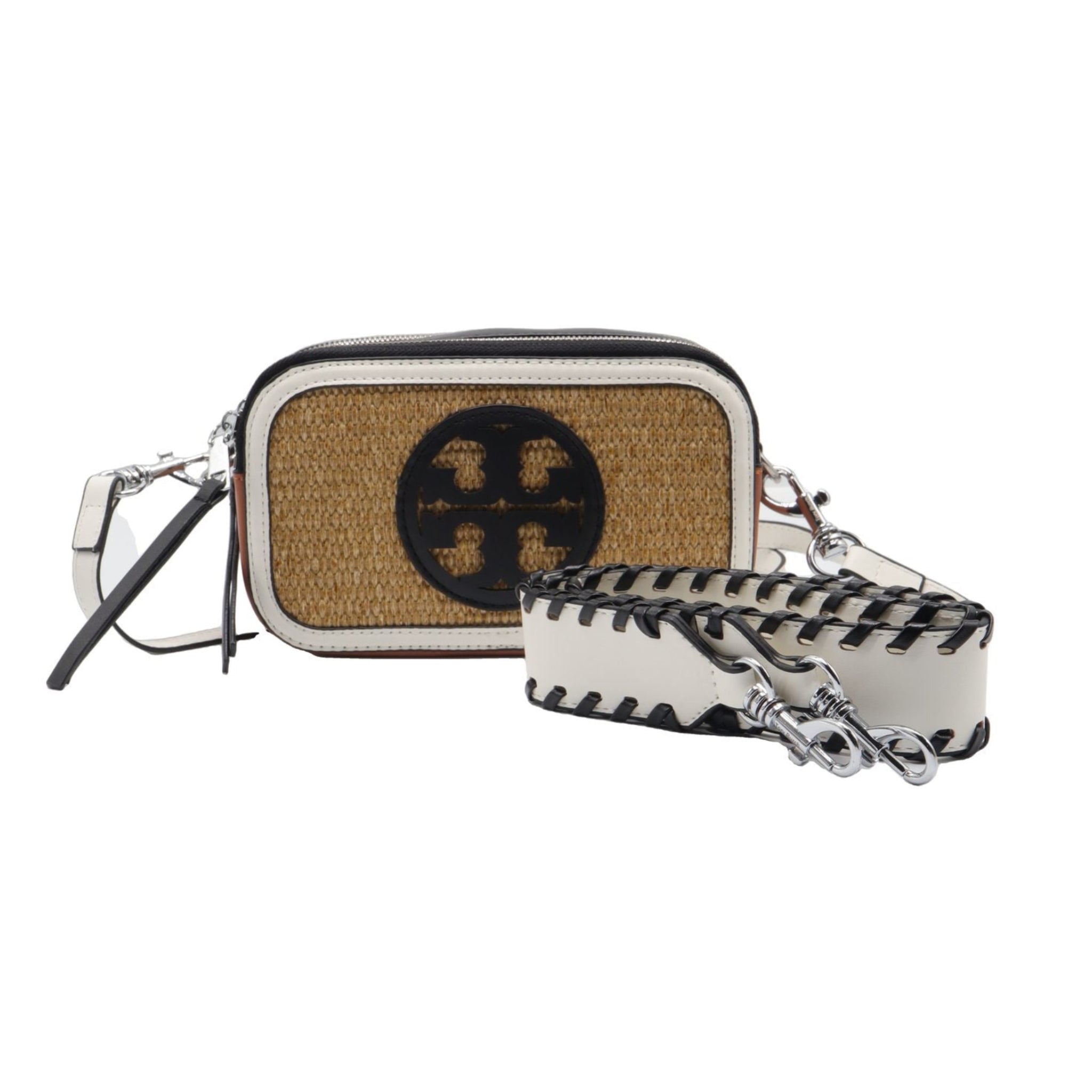 Tory Burch Straw Camera Bag | Double T Logo & Ivory Braided Strap