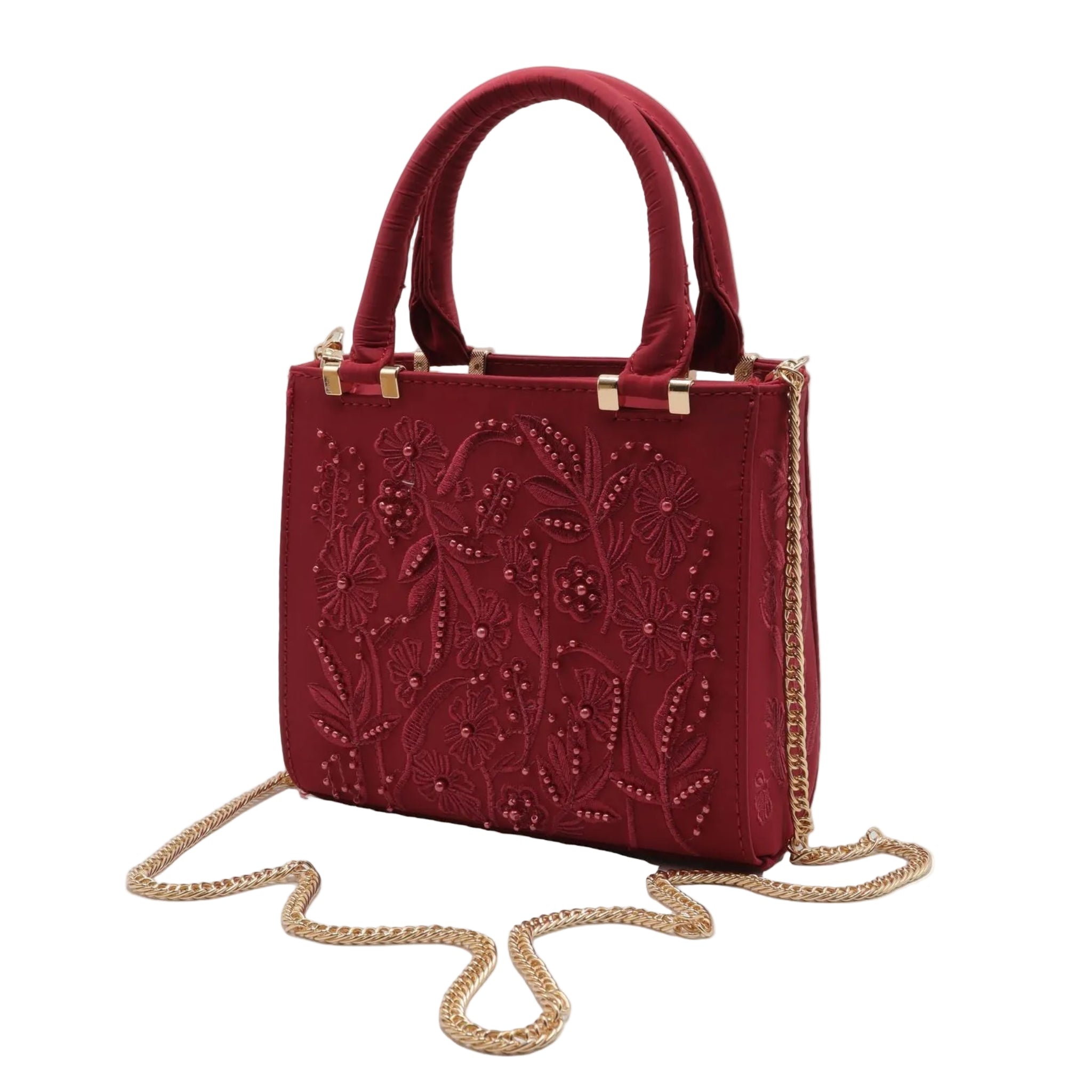 Zara Beaded Mini Tote | Crimson Burgundy Floral Crossbody