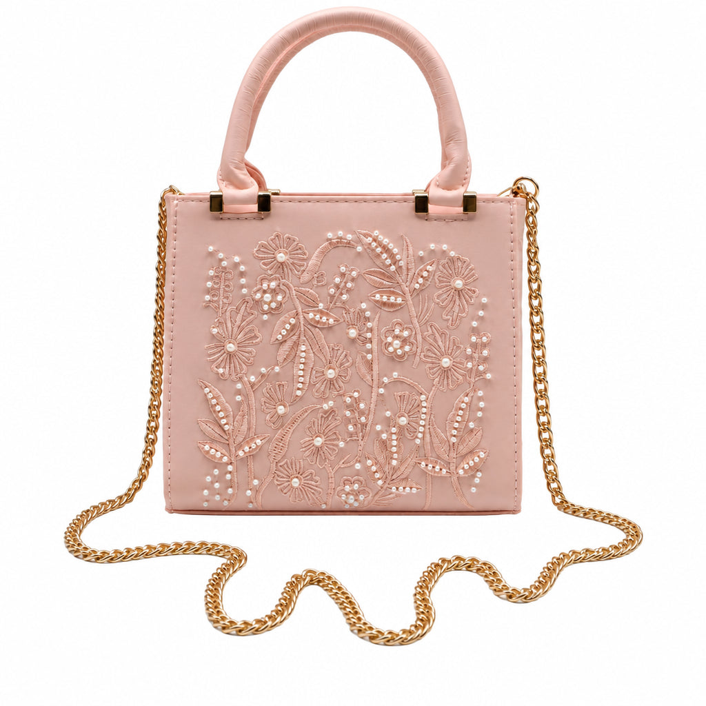 Zara Pearl-Beaded Mini Tote | Blush Pink Floral Crossbody