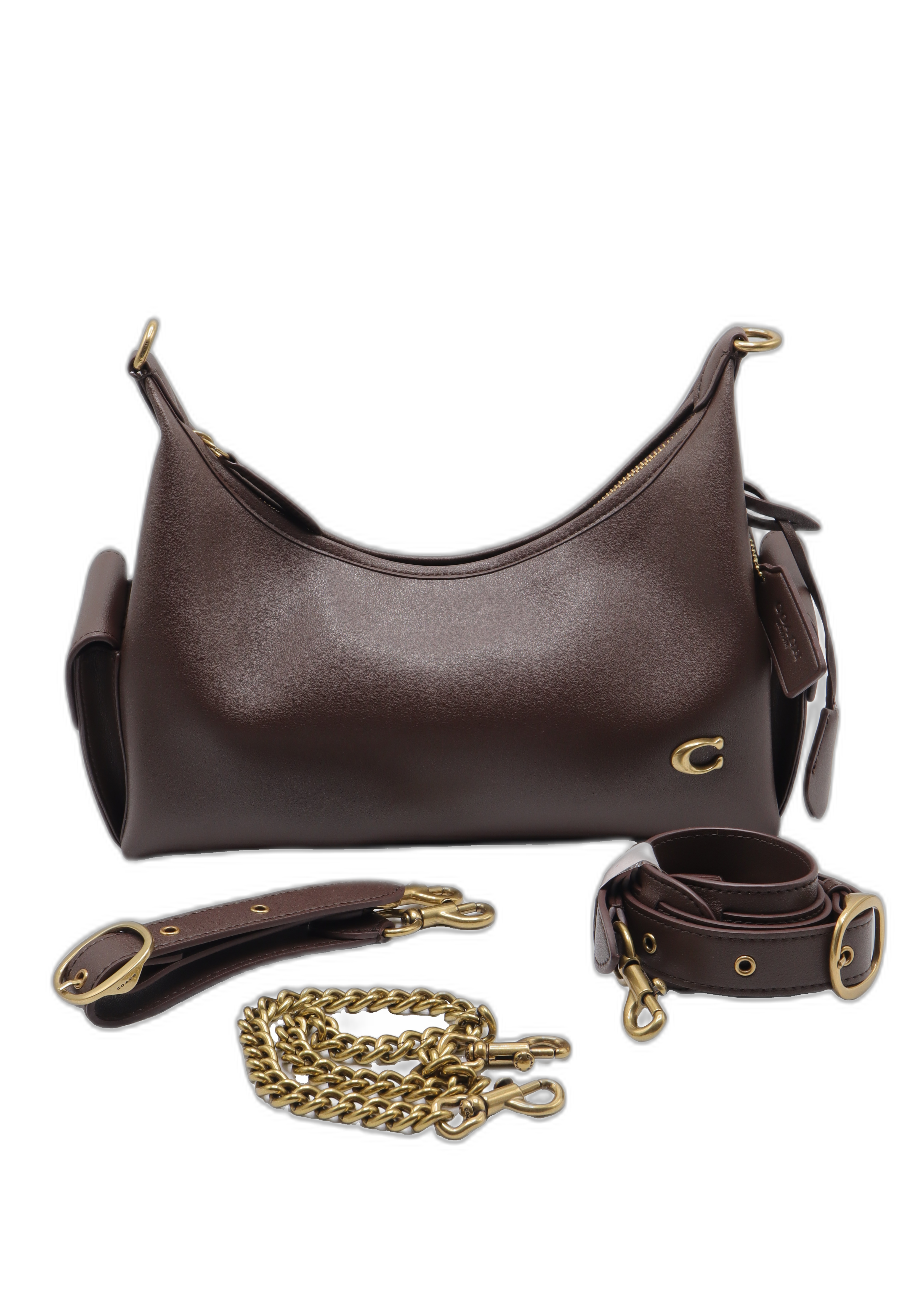 Coach Leather Cargo Hobo Bag with Chain Strap | Dark Brown