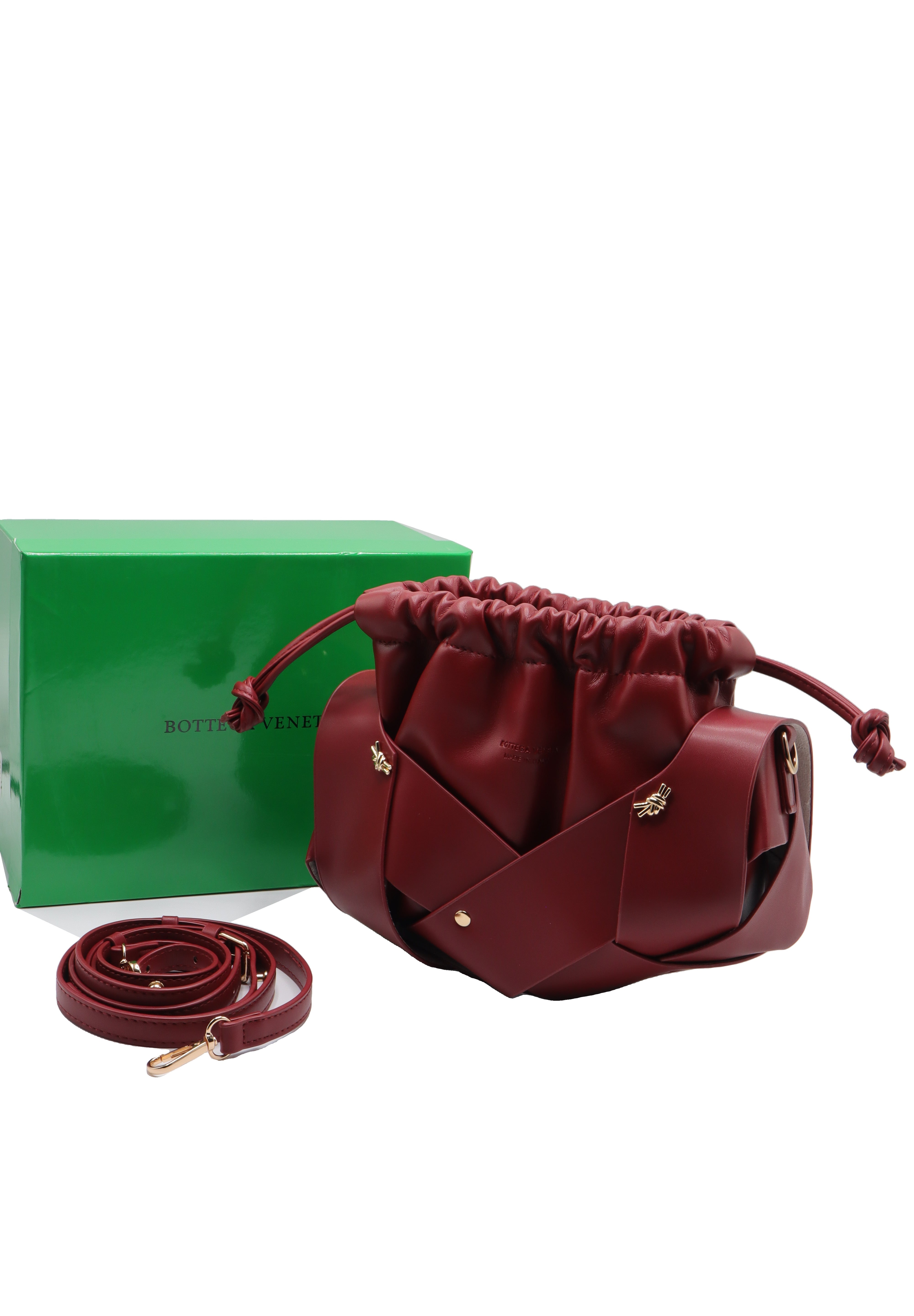 Knotted Leather Drawstring Shoulder Bag | Deep Cherry Red