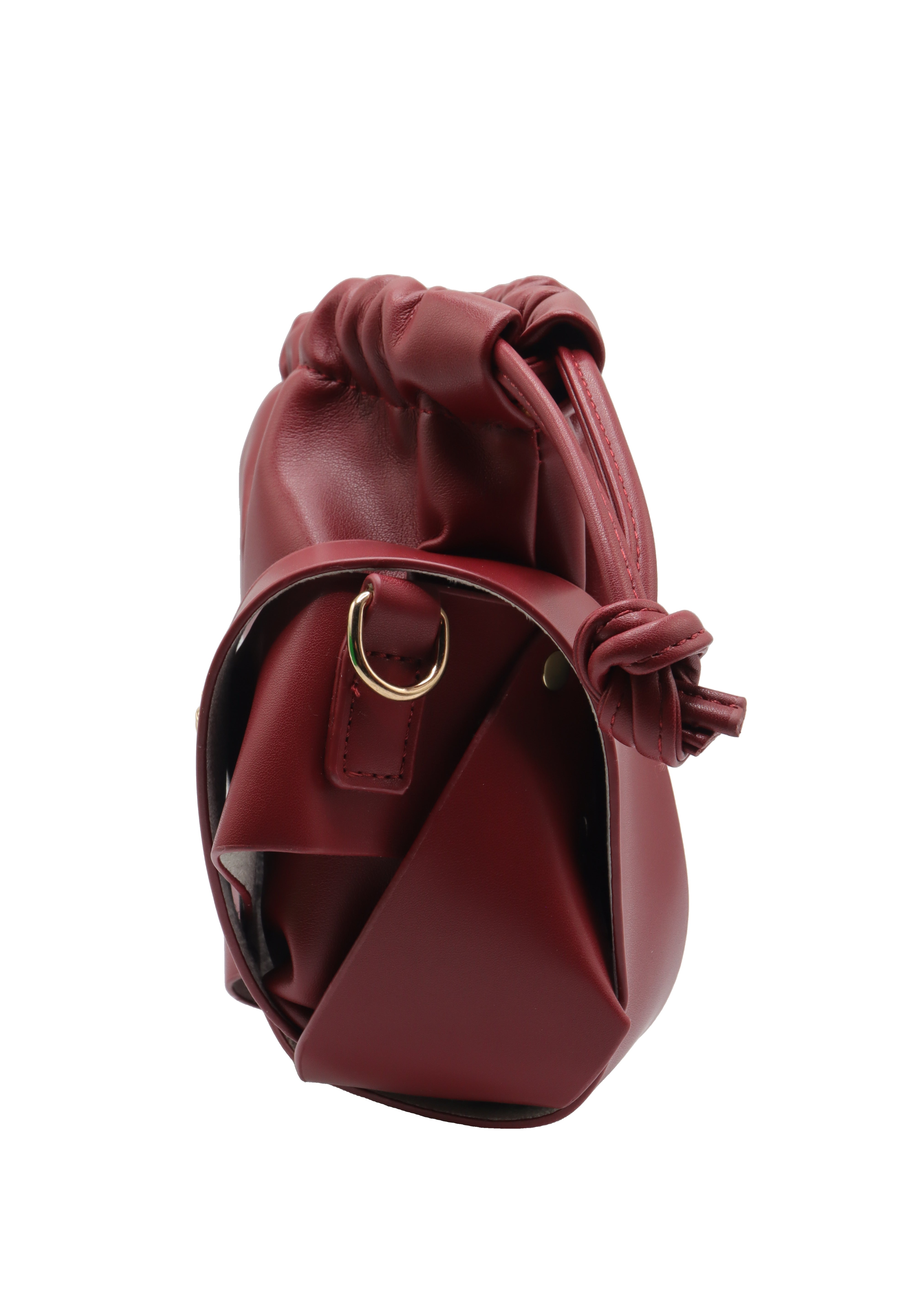 Knotted Leather Drawstring Shoulder Bag | Deep Cherry Red