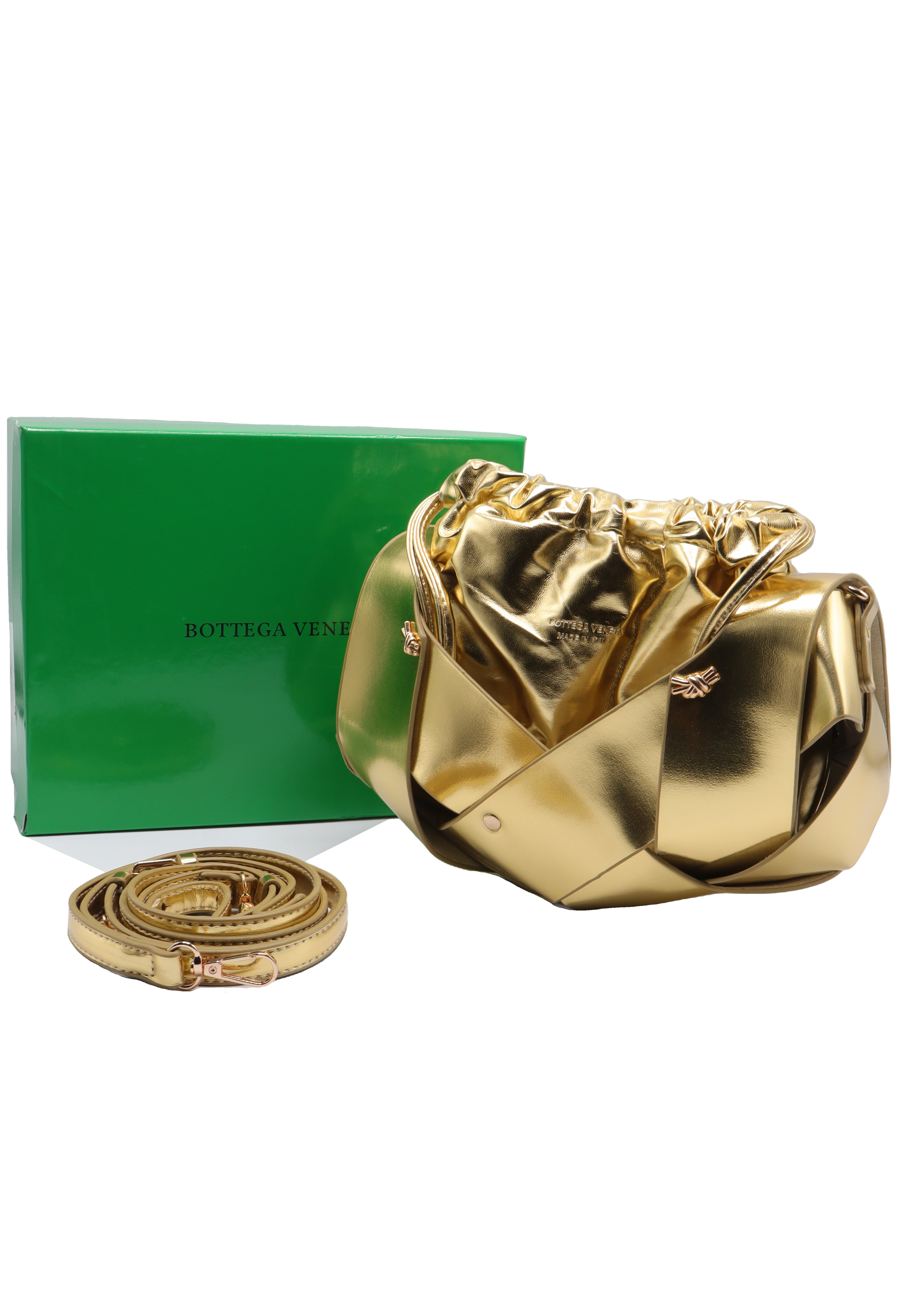 Sculptural Metallic Knotted Drawstring Shoulder Bag  Liquid Gold