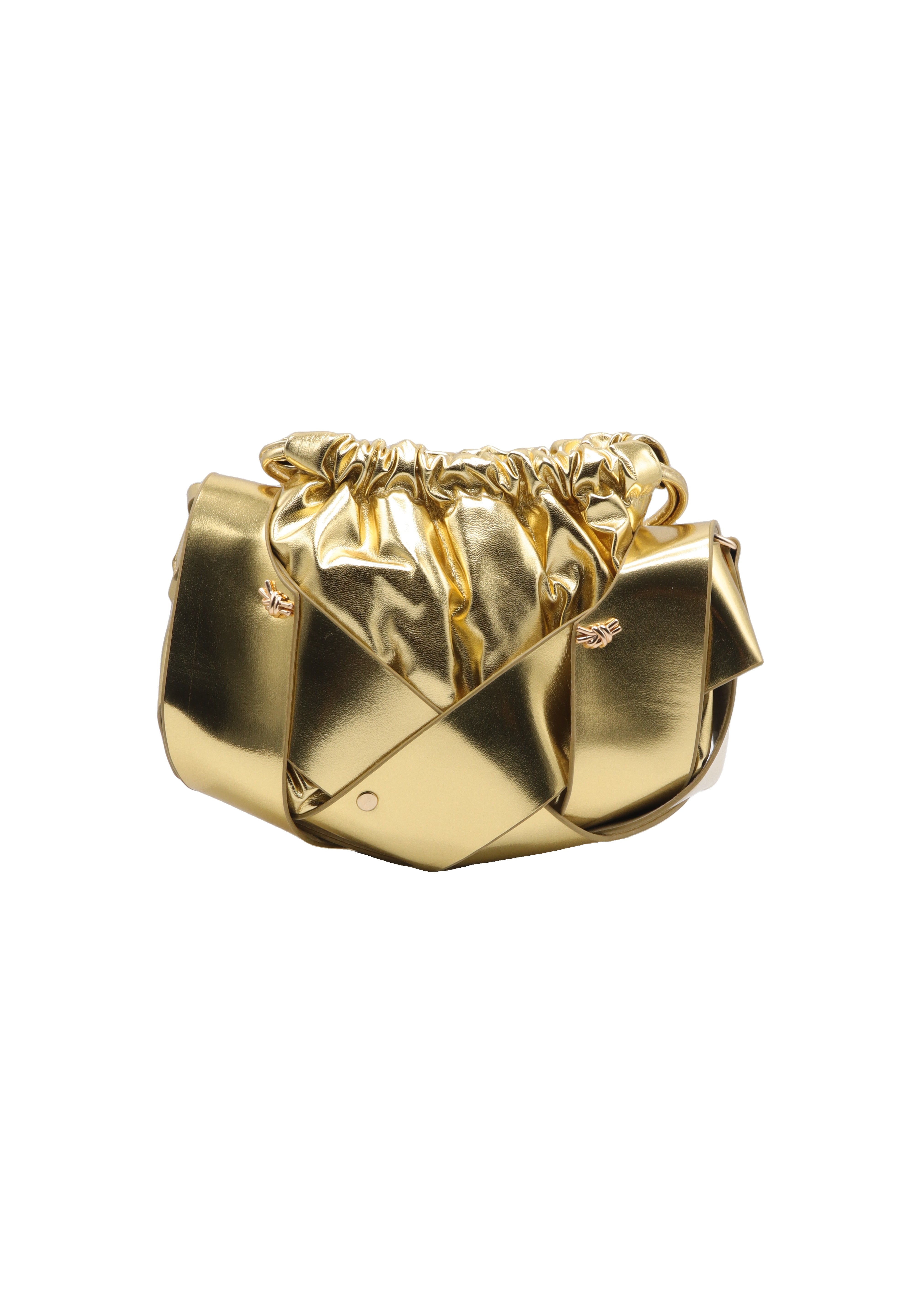 Sculptural Metallic Knotted Drawstring Shoulder Bag  Liquid Gold