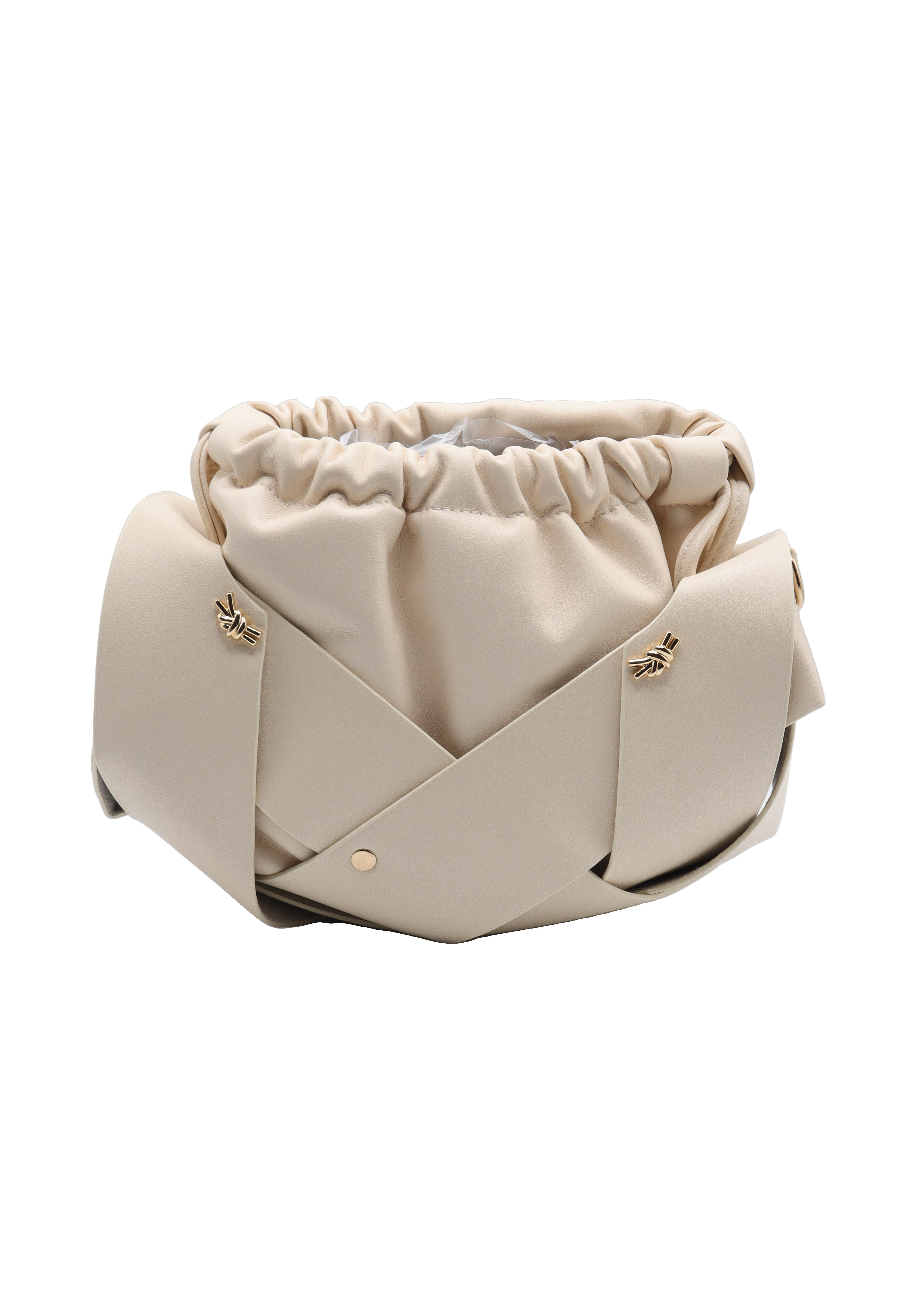 Sculptural Wide-Band Knotted Drawstring Shoulder Bag with Crossbody Strap  Cream / Off-White