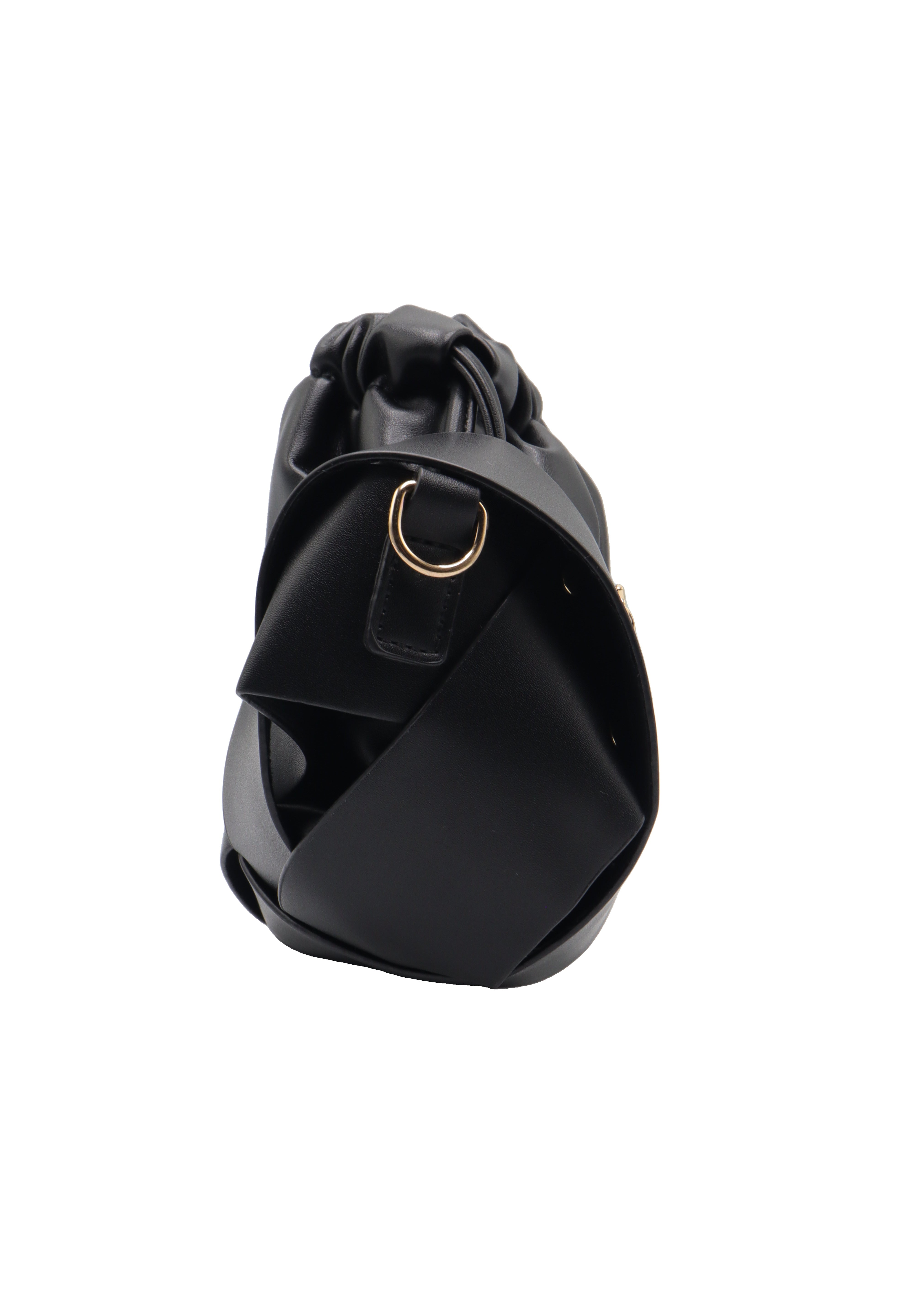 Sculptural Leather Drawstring Shoulder Bag | Classic Black