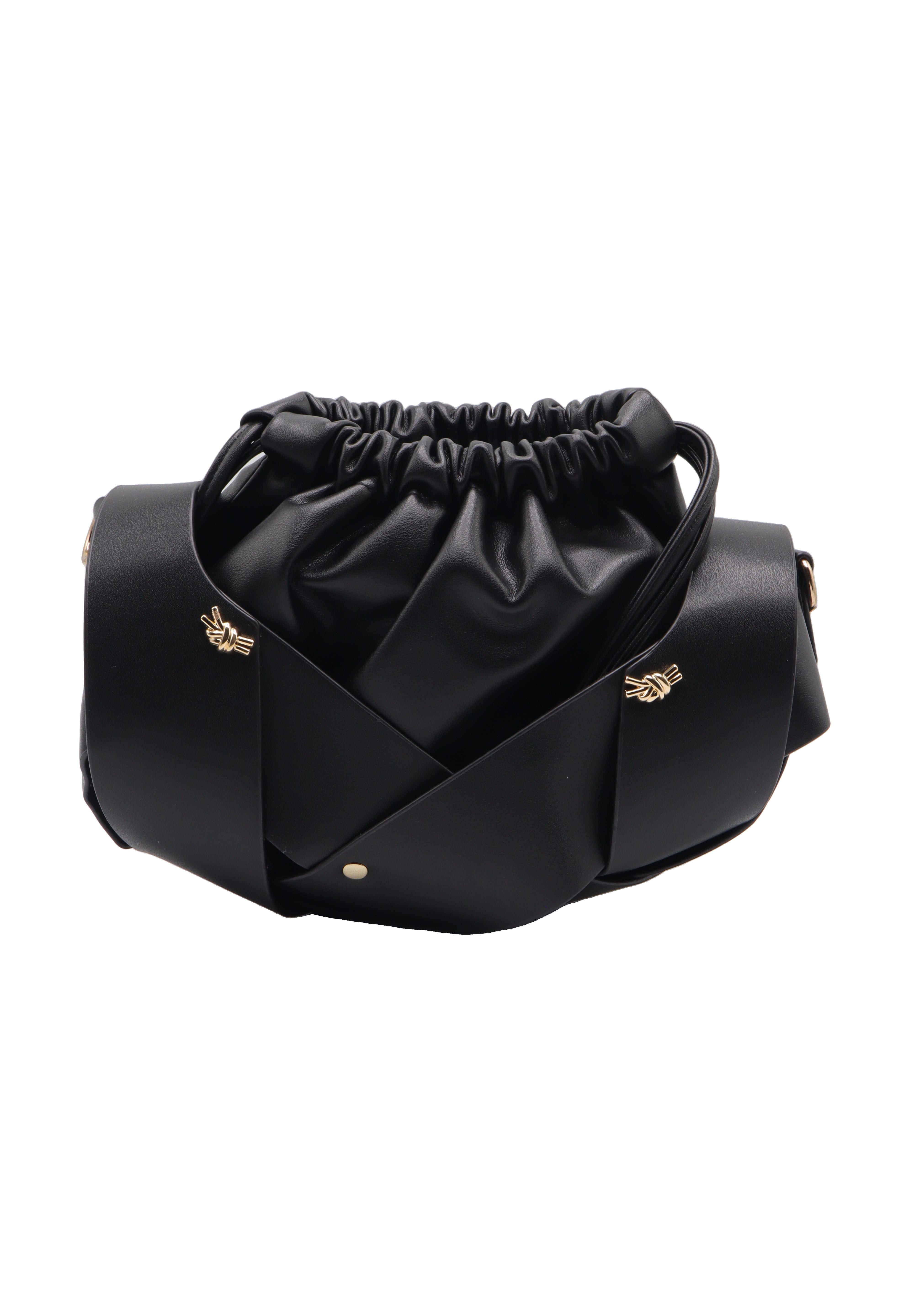 Sculptural Leather Drawstring Shoulder Bag | Classic Black