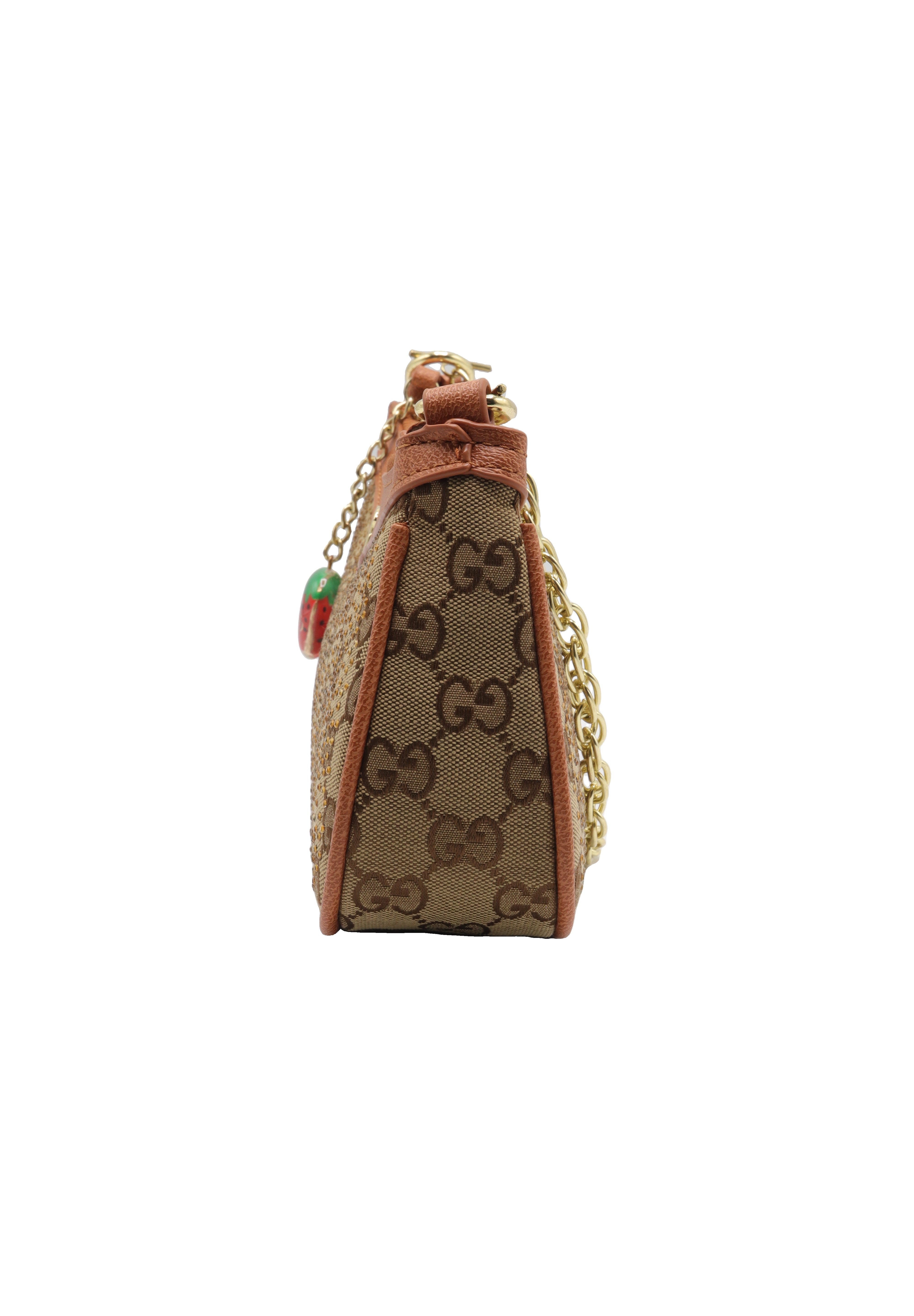 Gucci GG Canvas Mini Bag with Web Strap & Strawberry Charm