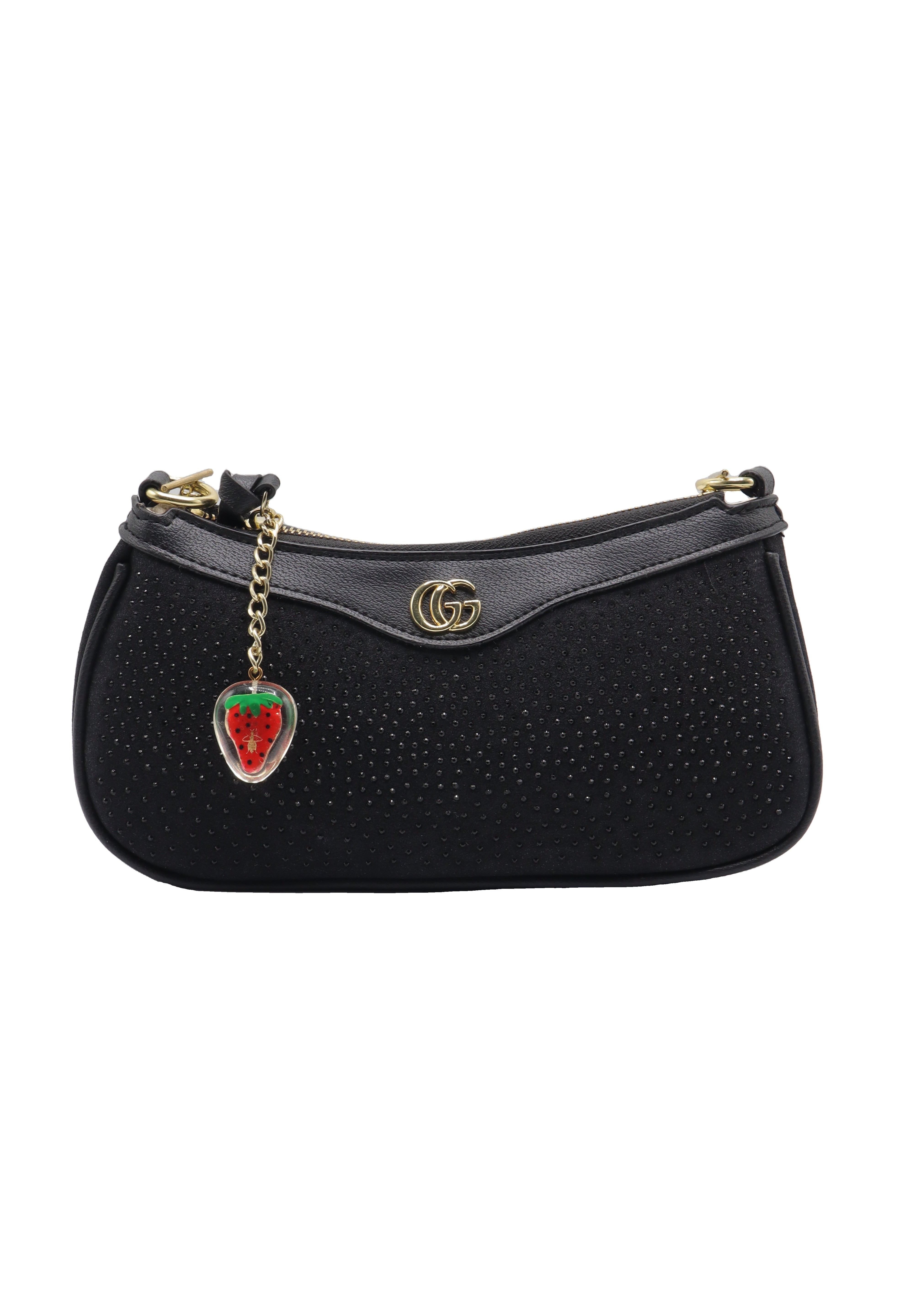 Gucci Black Shimmer Suede Mini Bag with Web Strap & Strawberry Charm