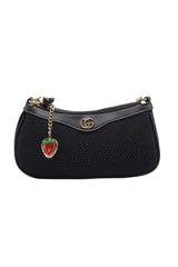 Gucci Black Shimmer Suede Mini Bag with Web Strap & Strawberry Charm