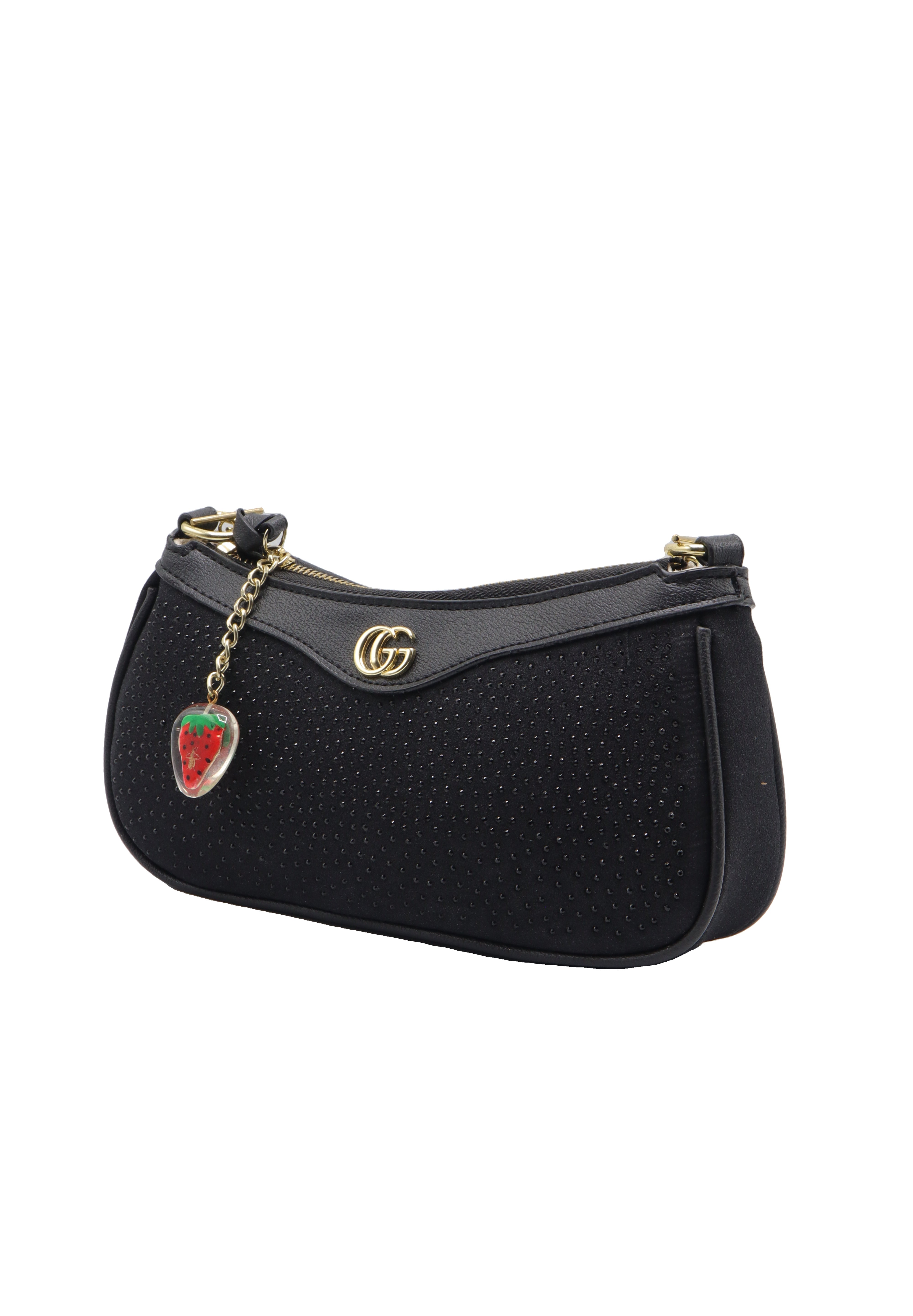 Gucci Black Shimmer Suede Mini Bag with Web Strap & Strawberry Charm