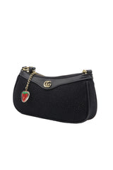 Gucci Black Shimmer Suede Mini Bag with Web Strap & Strawberry Charm