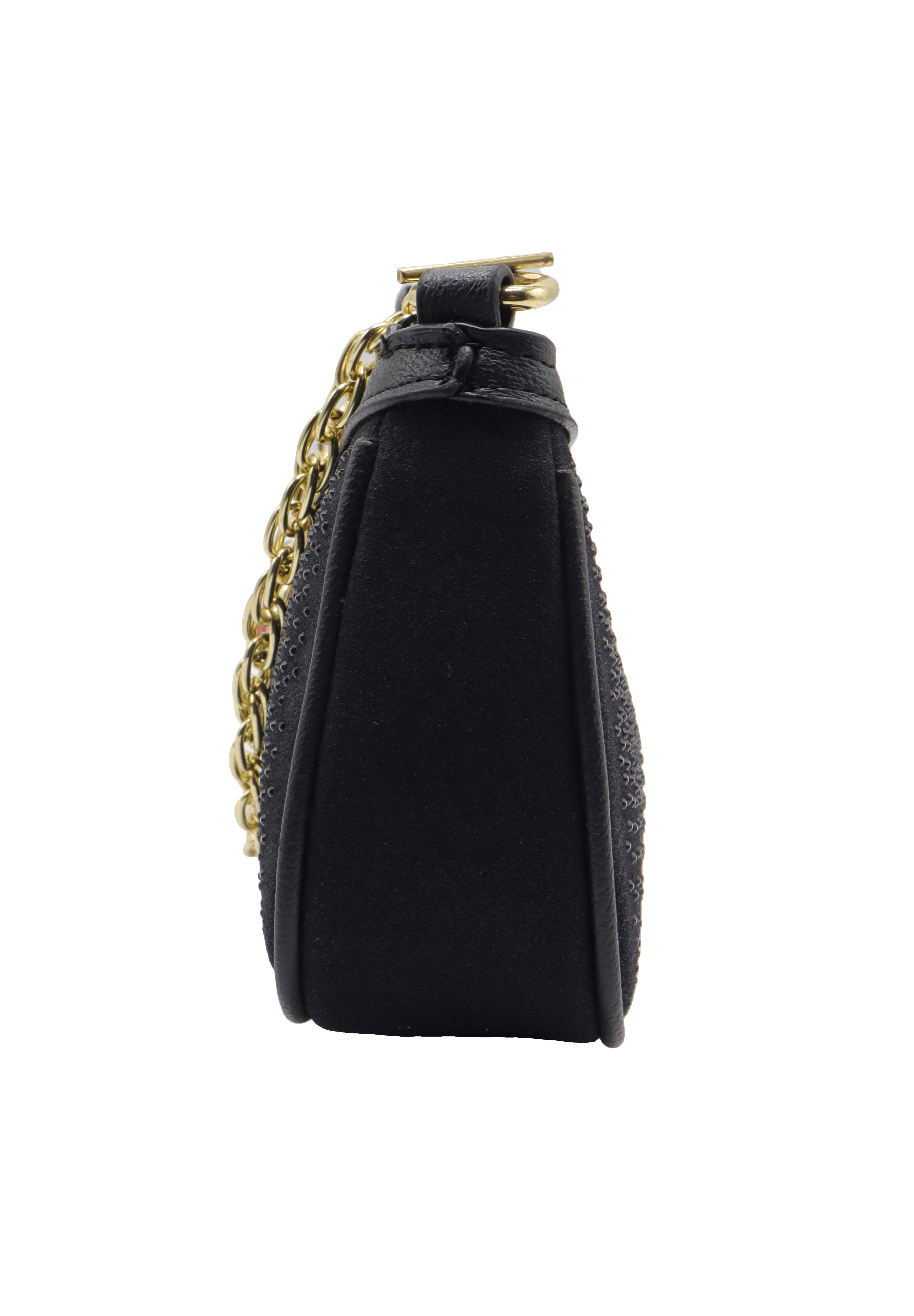 Gucci Black Shimmer Suede Mini Bag with Web Strap & Strawberry Charm