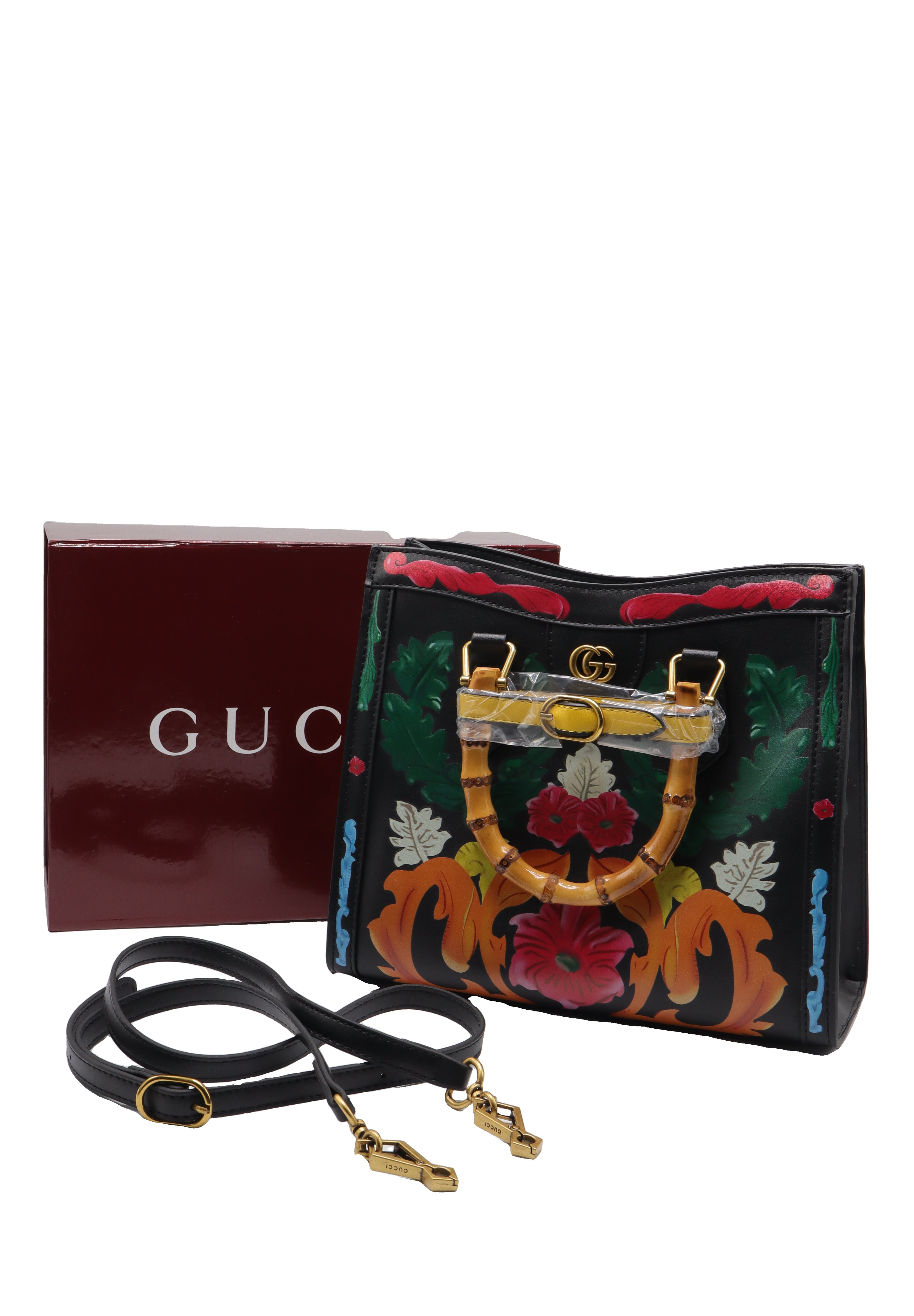 Gucci Diana Floral Embossed Bamboo Handle Tote Bag | Black