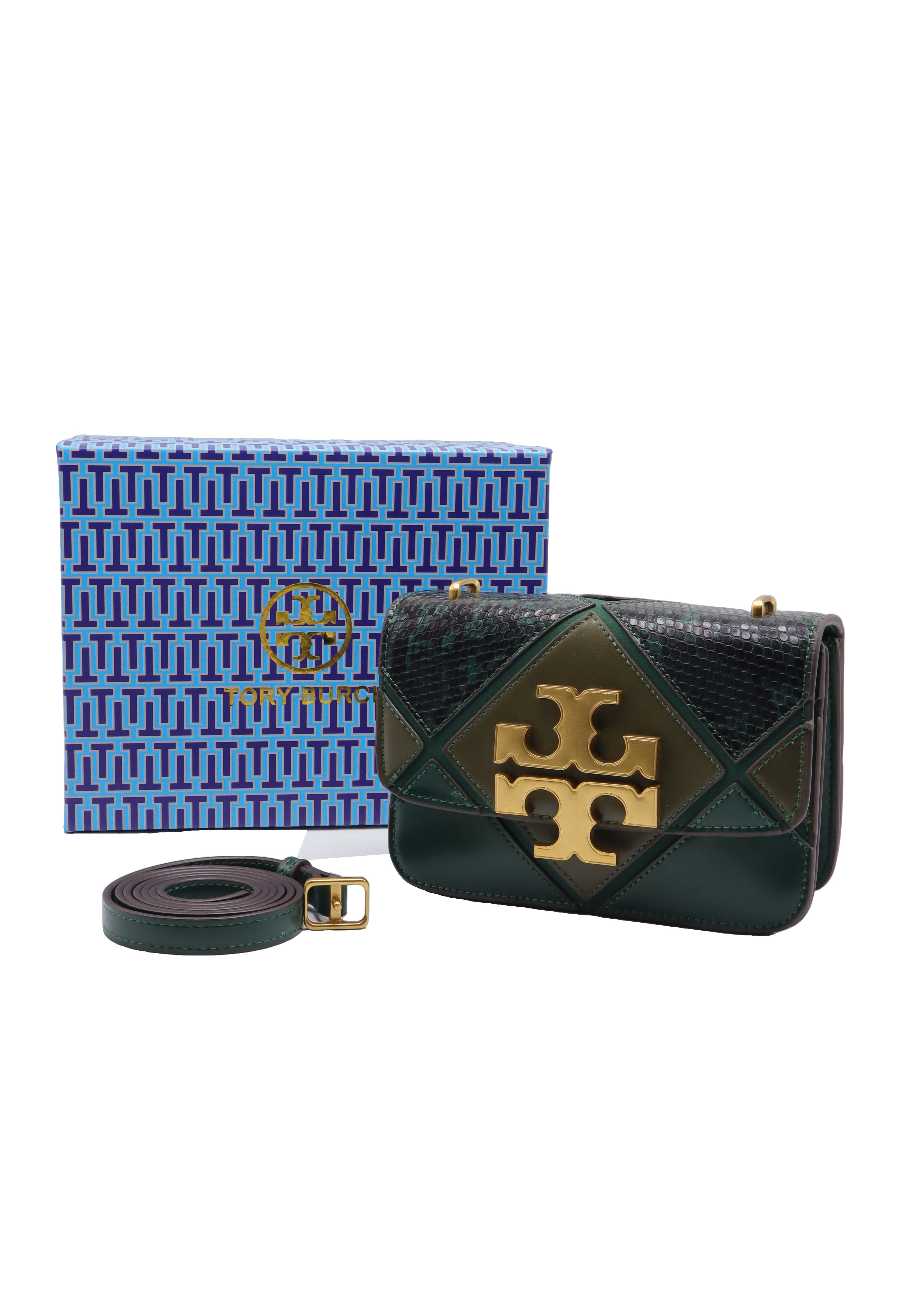 Tory Burch Eleanor Snake Patchwork Shoulder Bag | Forest Green