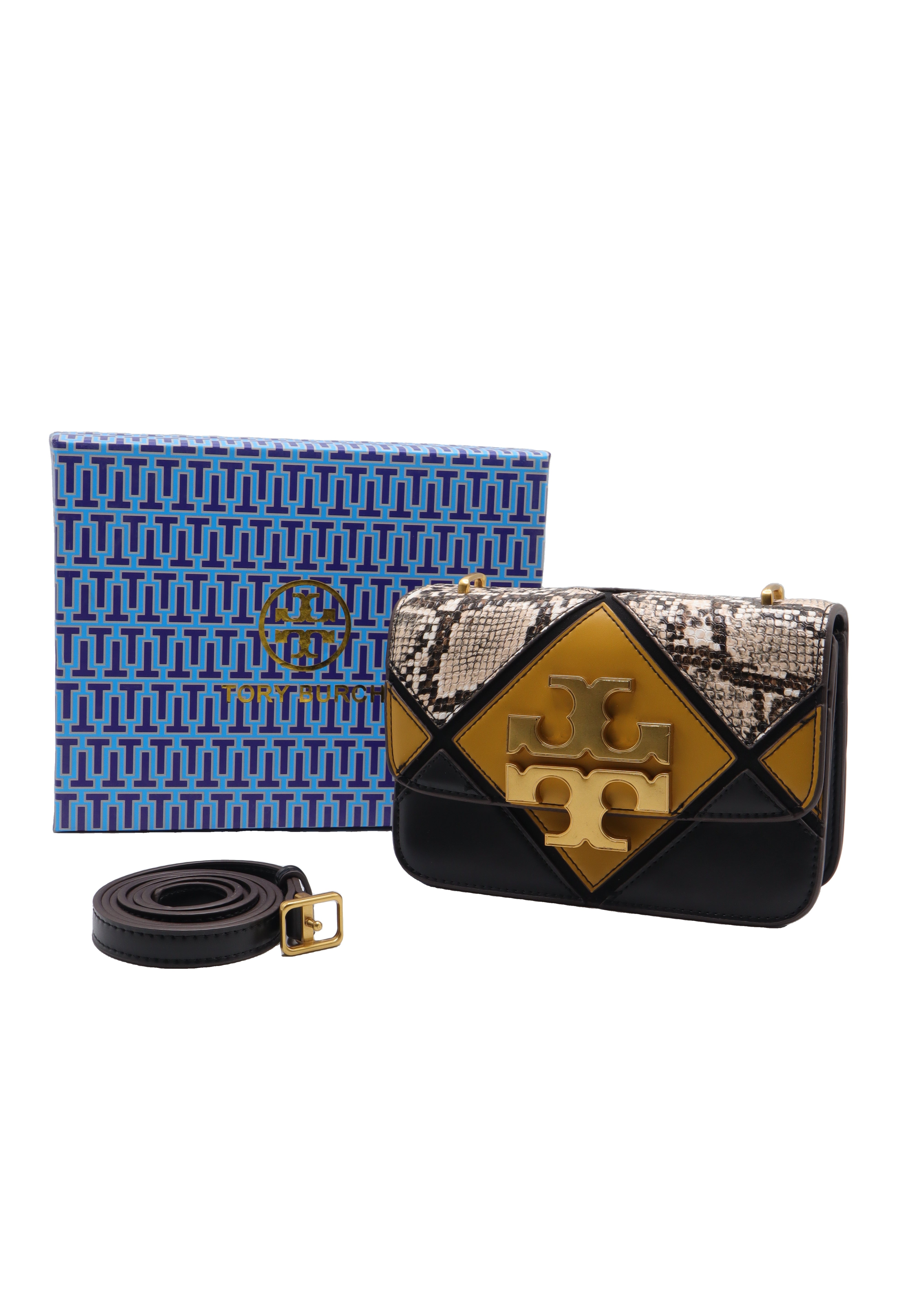 Tory Burch Eleanor Snake Patchwork Shoulder Bag | Black & Mustard