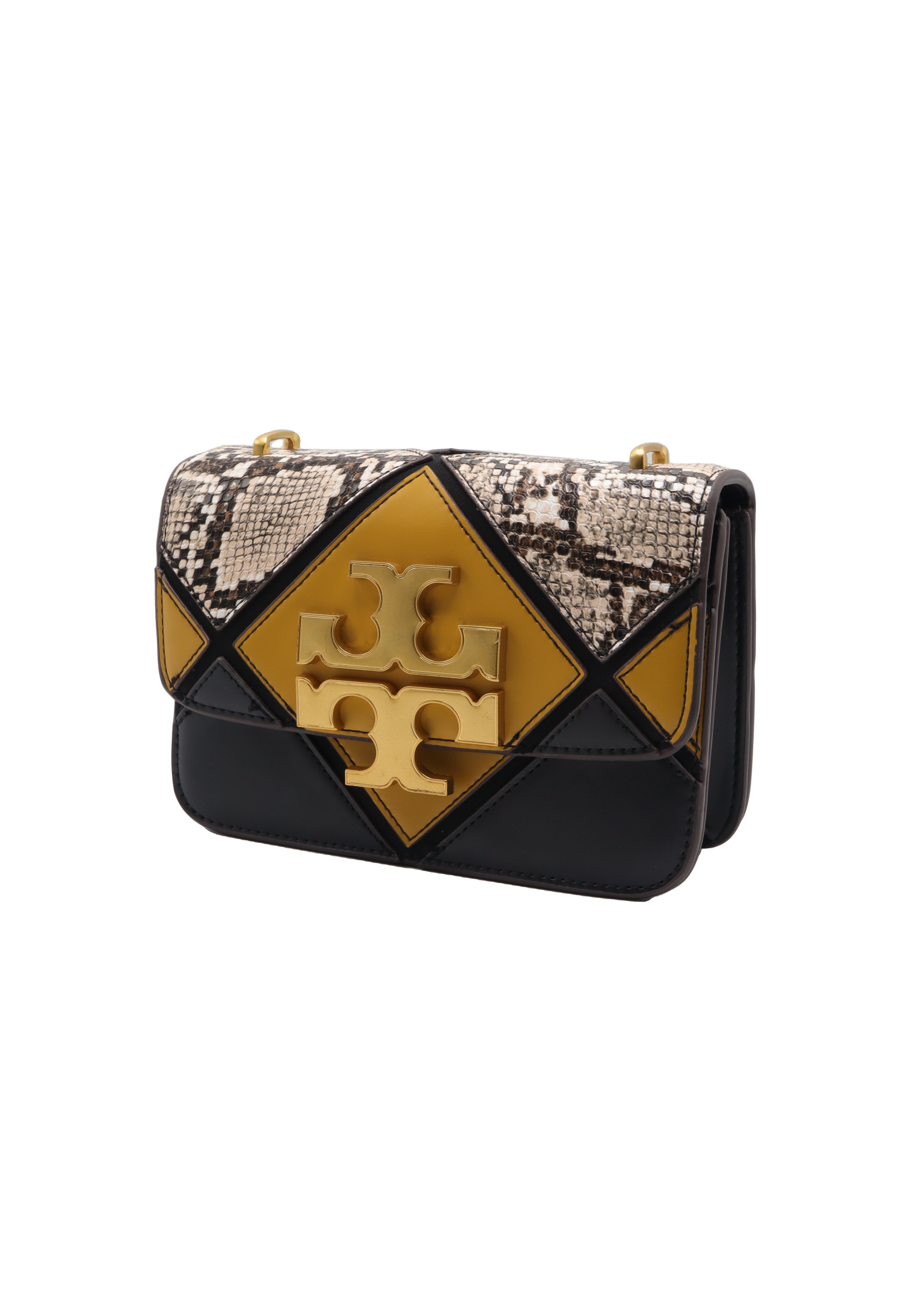 Tory Burch Eleanor Snake Patchwork Shoulder Bag | Black & Mustard