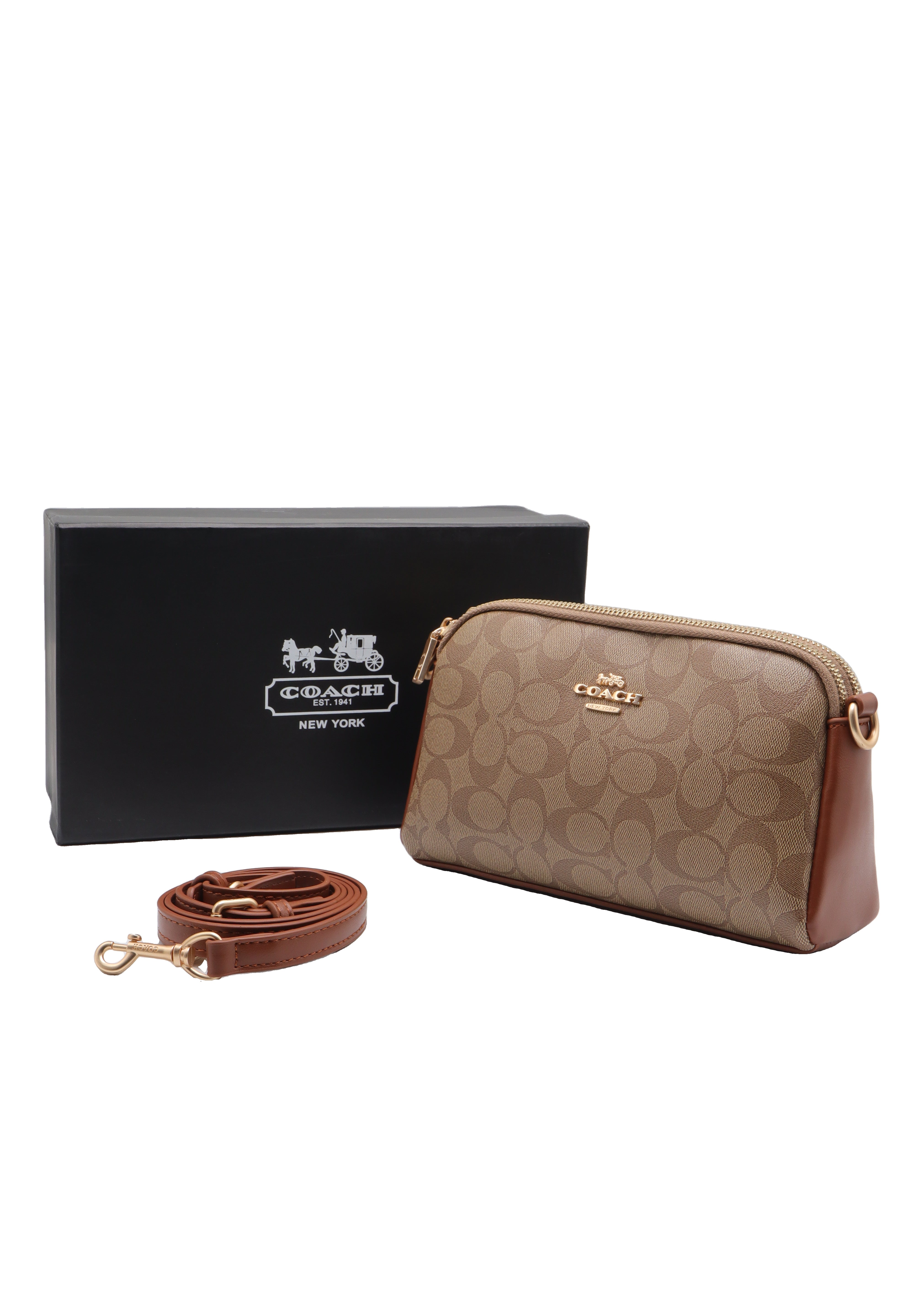 Coach Double Zip Signature Canvas Crossbody Bag | Tan & Brown