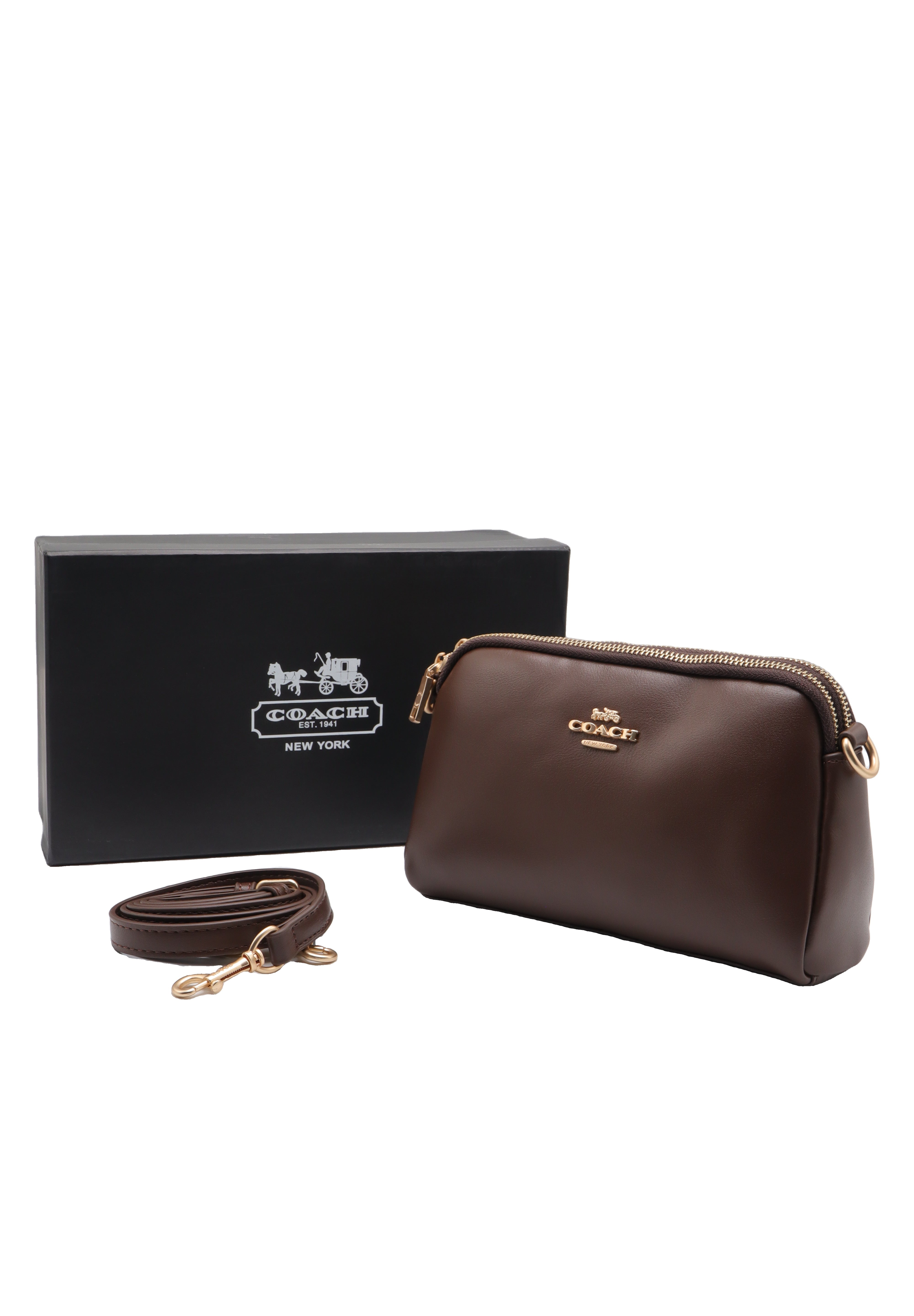 Coach Double Zip Leather Crossbody Bag | Dark Chocolate Brown