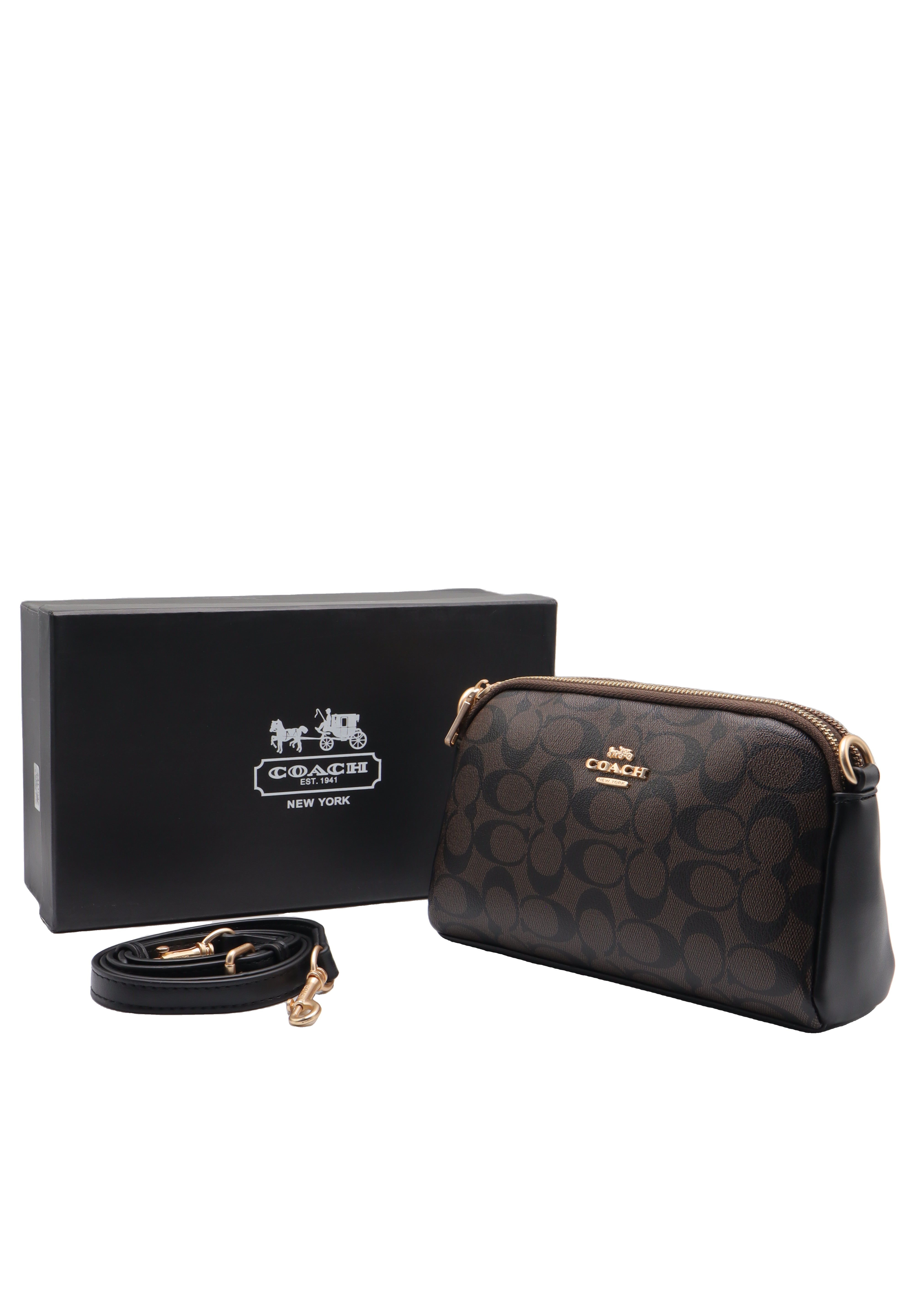 Coach Double Zip Signature Canvas Crossbody Bag | Dark Brown & Black