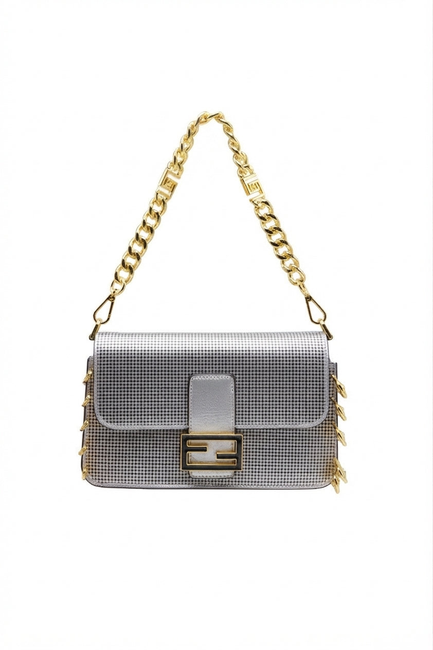 Fendi Baguette Crystal Mesh Shoulder Bag | Silver & Gold